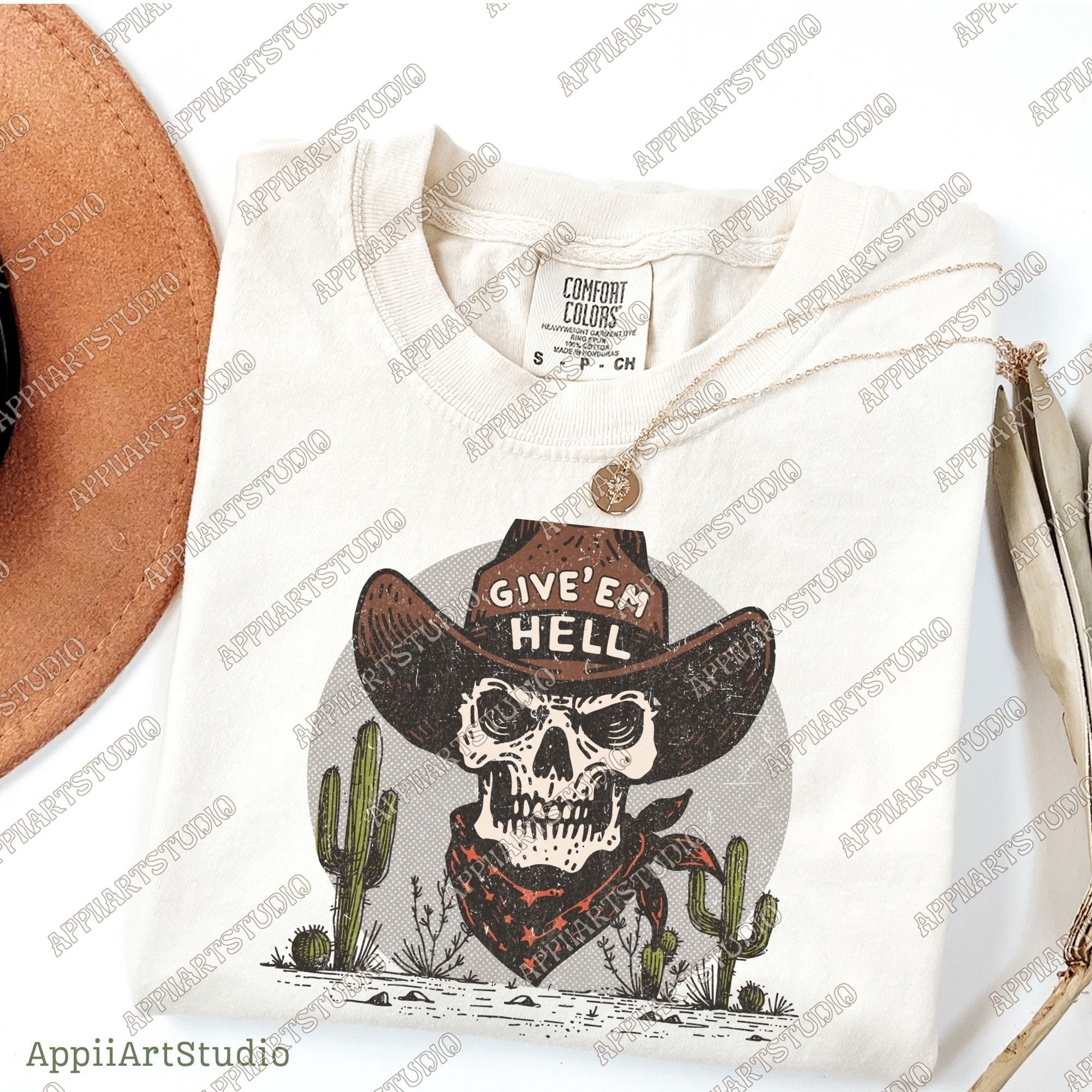 Give'Em Hell Skeleton Cowboy PNG Vintage Boho Western Cowboy Illustration Wild West Retro Western Graphic Transparent PNG Graphic Download