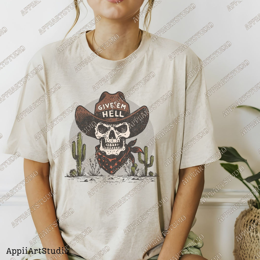 Give'Em Hell Skeleton Cowboy PNG Vintage Boho Western Cowboy Illustration Wild West Retro Western Graphic Transparent PNG Graphic Download
