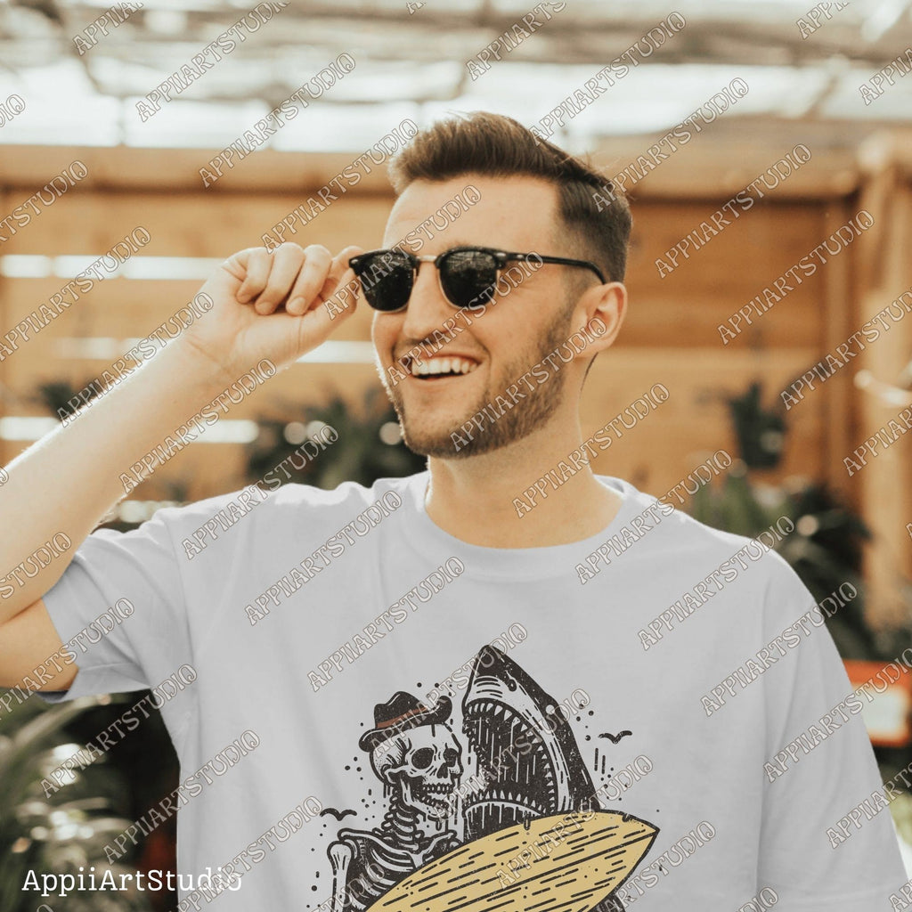 Board to Death Skeleton Surfer and Shark PNG Retro Beach Skeleton Surfer T-Shirt Design, Retro Sublimations, Summer Sublimations Design