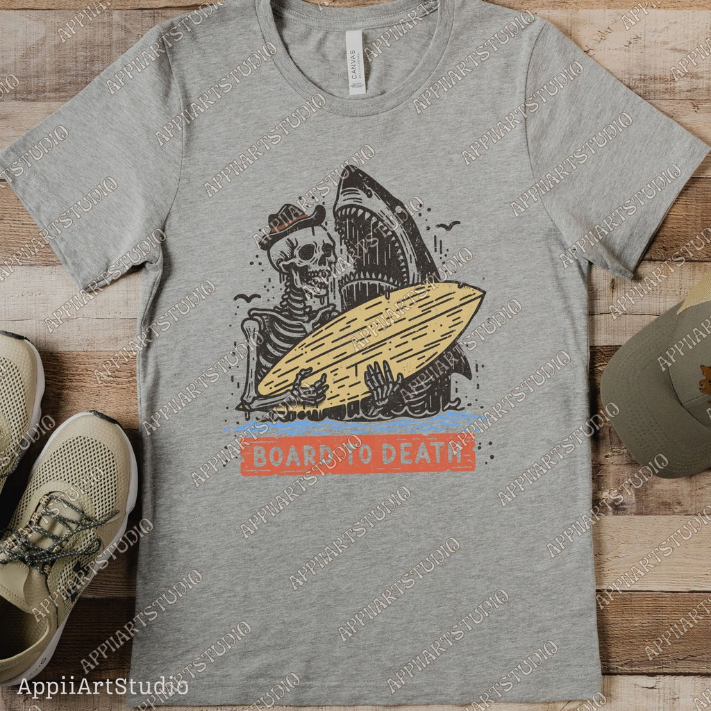 Board to Death Skeleton Surfer and Shark PNG Retro Beach Skeleton Surfer T-Shirt Design, Retro Sublimations, Summer Sublimations Design