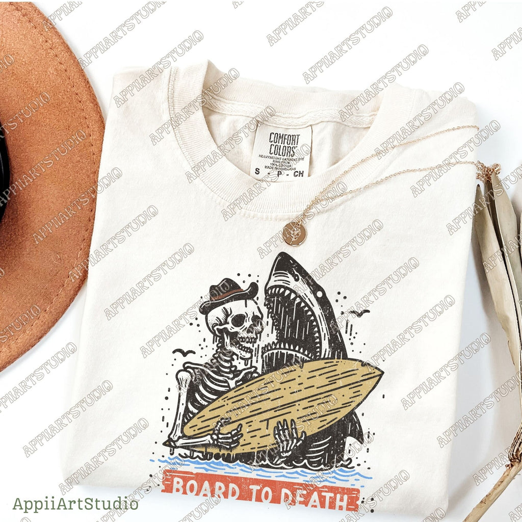 Board to Death Skeleton Surfer and Shark PNG Retro Beach Skeleton Surfer T-Shirt Design, Retro Sublimations, Summer Sublimations Design