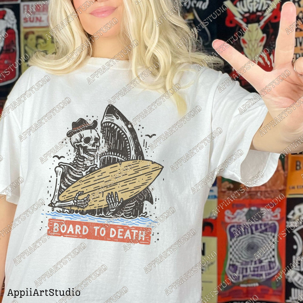 Board to Death Skeleton Surfer and Shark PNG Retro Beach Skeleton Surfer T-Shirt Design, Retro Sublimations, Summer Sublimations Design