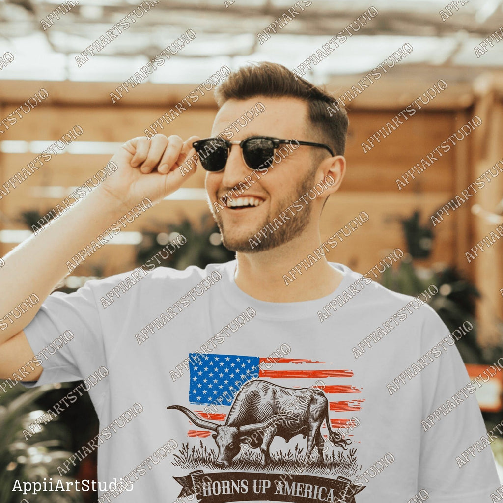 Horns Up America Longhorn and American Flag PNG - Patriotic Western PNG for Memorial & Independence Day, Western Sublimations, Cowboy png