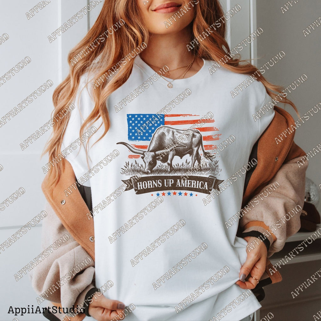 Horns Up America Longhorn and American Flag PNG - Patriotic Western PNG for Memorial & Independence Day, Western Sublimations, Cowboy png