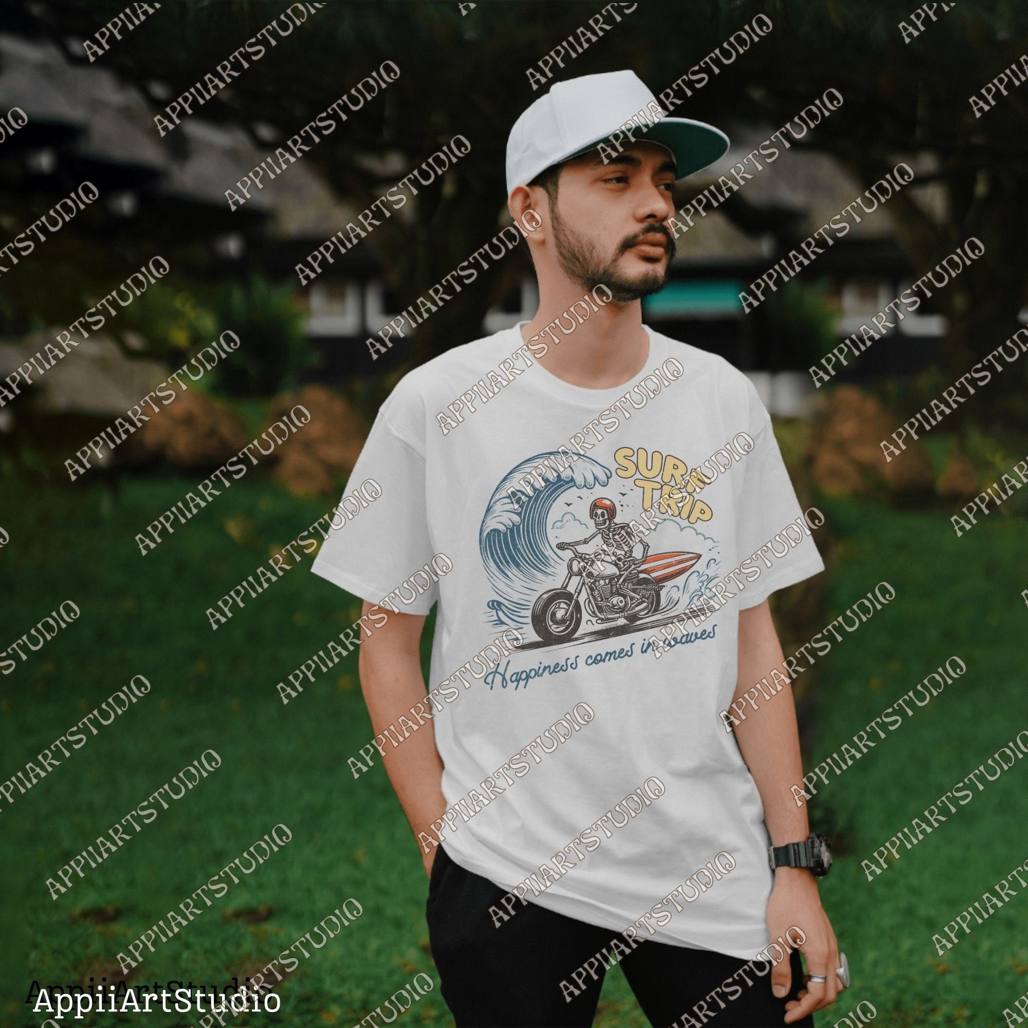Surf Trip Skeleton on Motorcycle PNG Retro Beach PNG Surfing Rodeo png Cowboy Skeleton on Surfboard Png, Skull Design PNG,Summer Western Png
