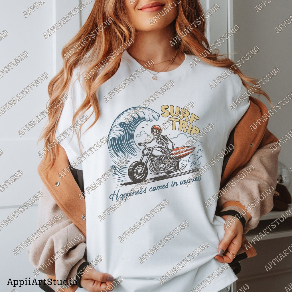 Surf Trip Skeleton on Motorcycle PNG Retro Beach PNG Surfing Rodeo png Cowboy Skeleton on Surfboard Png, Skull Design PNG,Summer Western Png