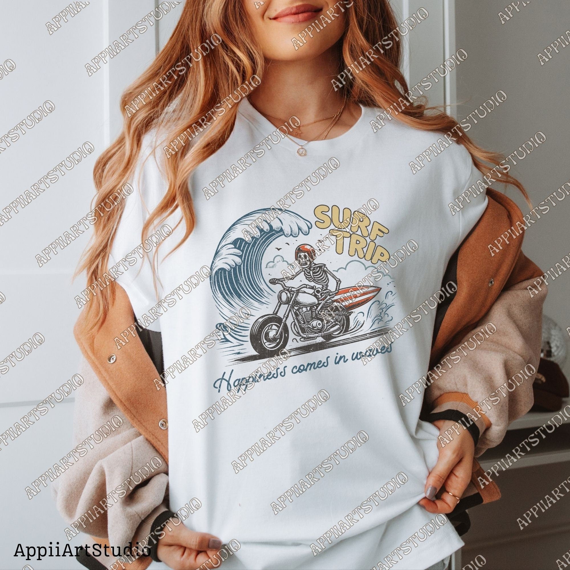 Surf Trip Skeleton on Motorcycle PNG Retro Beach PNG Surfing Rodeo png Cowboy Skeleton on Surfboard Png, Skull Design PNG,Summer Western Png