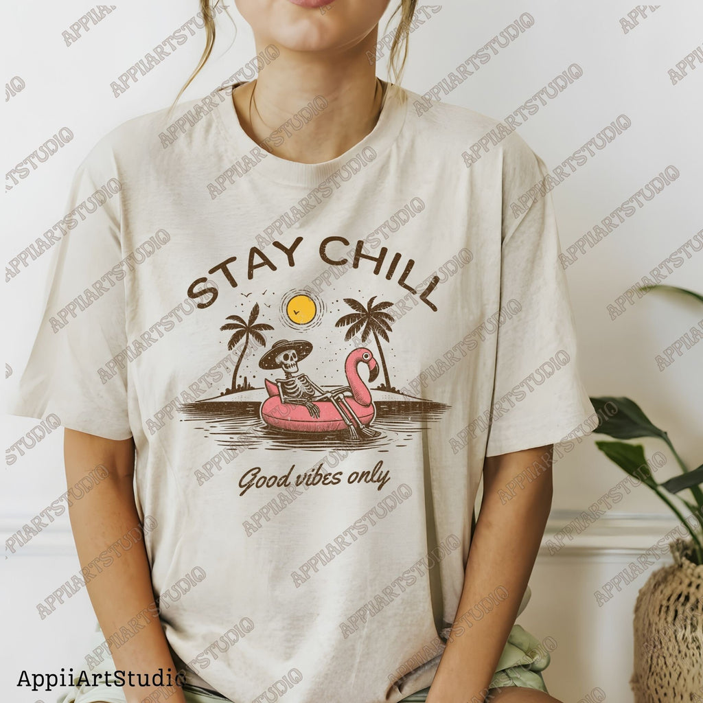 Stay Chill Skeleton PNG - Good Vibes Only - Summer Beach Relaxation - Tropical Flamingo Floating Summer png, summertime western png