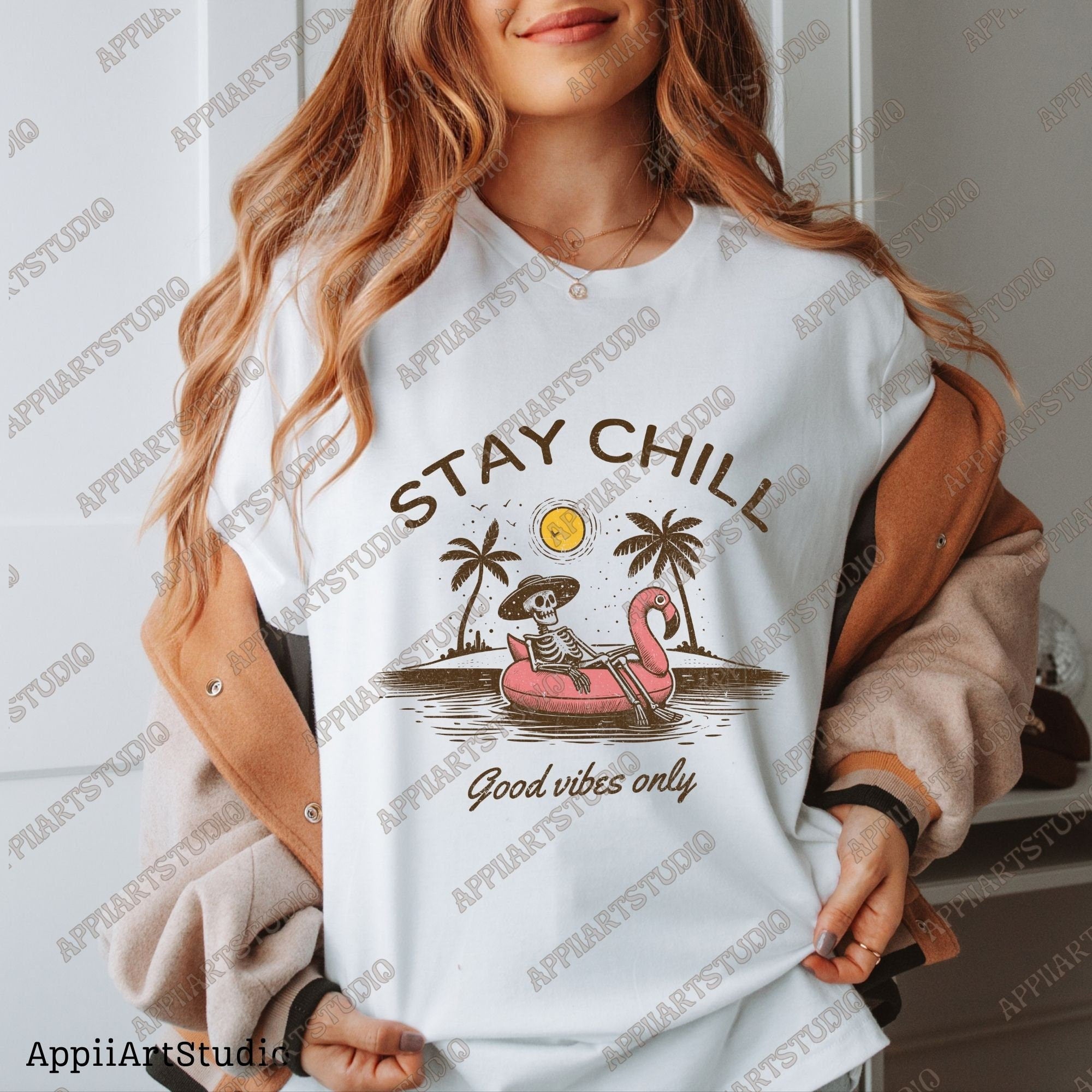 Stay Chill Skeleton PNG - Good Vibes Only - Summer Beach Relaxation - Tropical Flamingo Floating Summer png, summertime western png