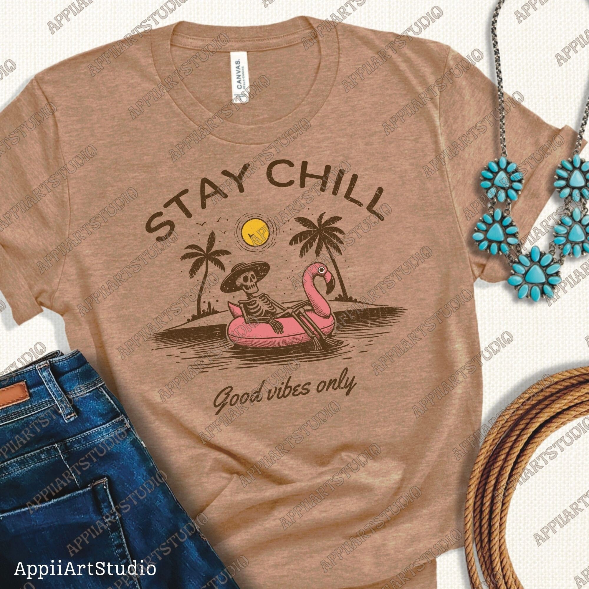 Stay Chill Skeleton PNG - Good Vibes Only - Summer Beach Relaxation - Tropical Flamingo Floating Summer png, summertime western png