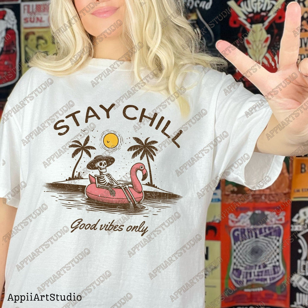 Stay Chill Skeleton PNG - Good Vibes Only - Summer Beach Relaxation - Tropical Flamingo Floating Summer png, summertime western png