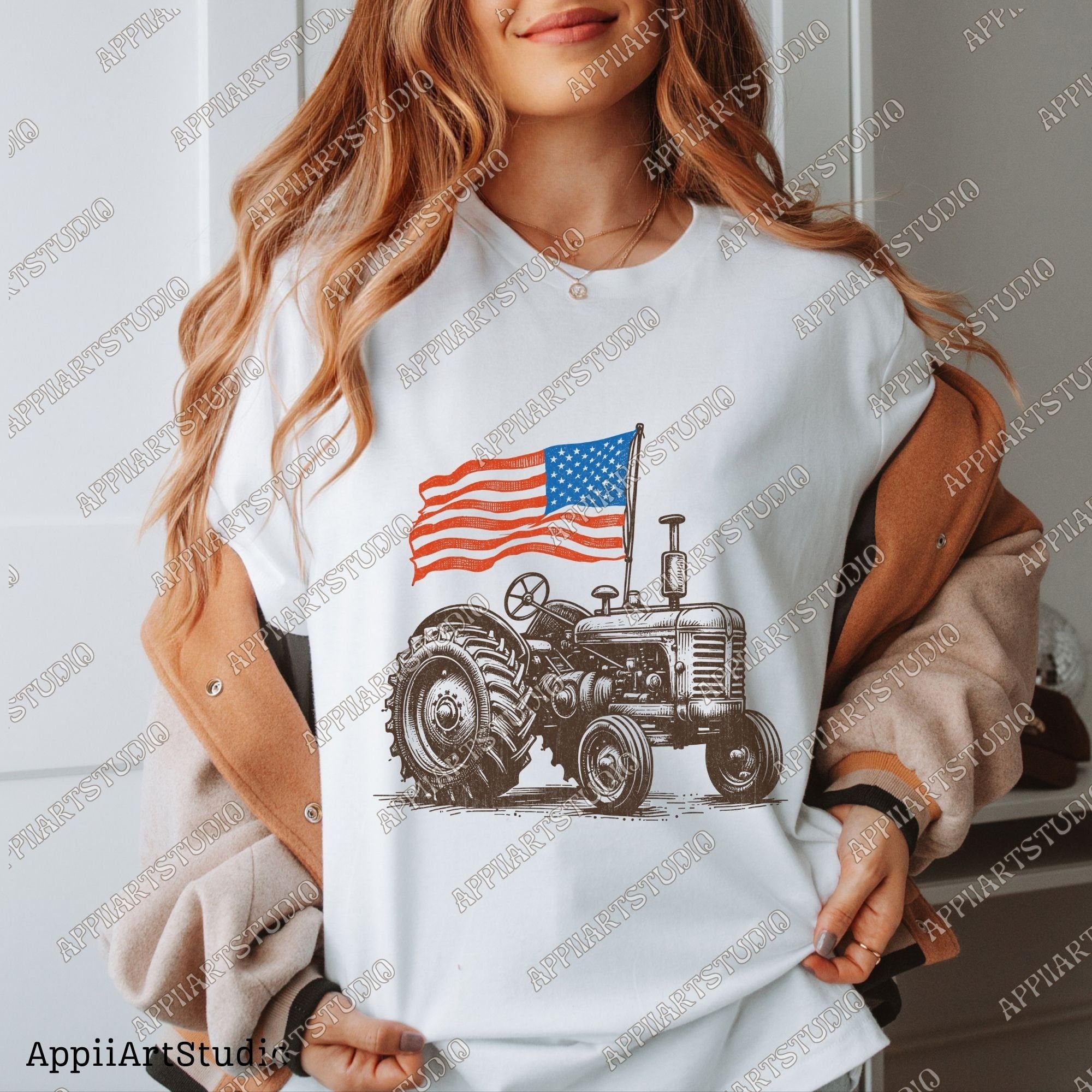 Vintage American Flag Tractor PNG - Patriotic Farm Life Graphic PNG for Memorial & Independence Day, Western Sublimations, Western png