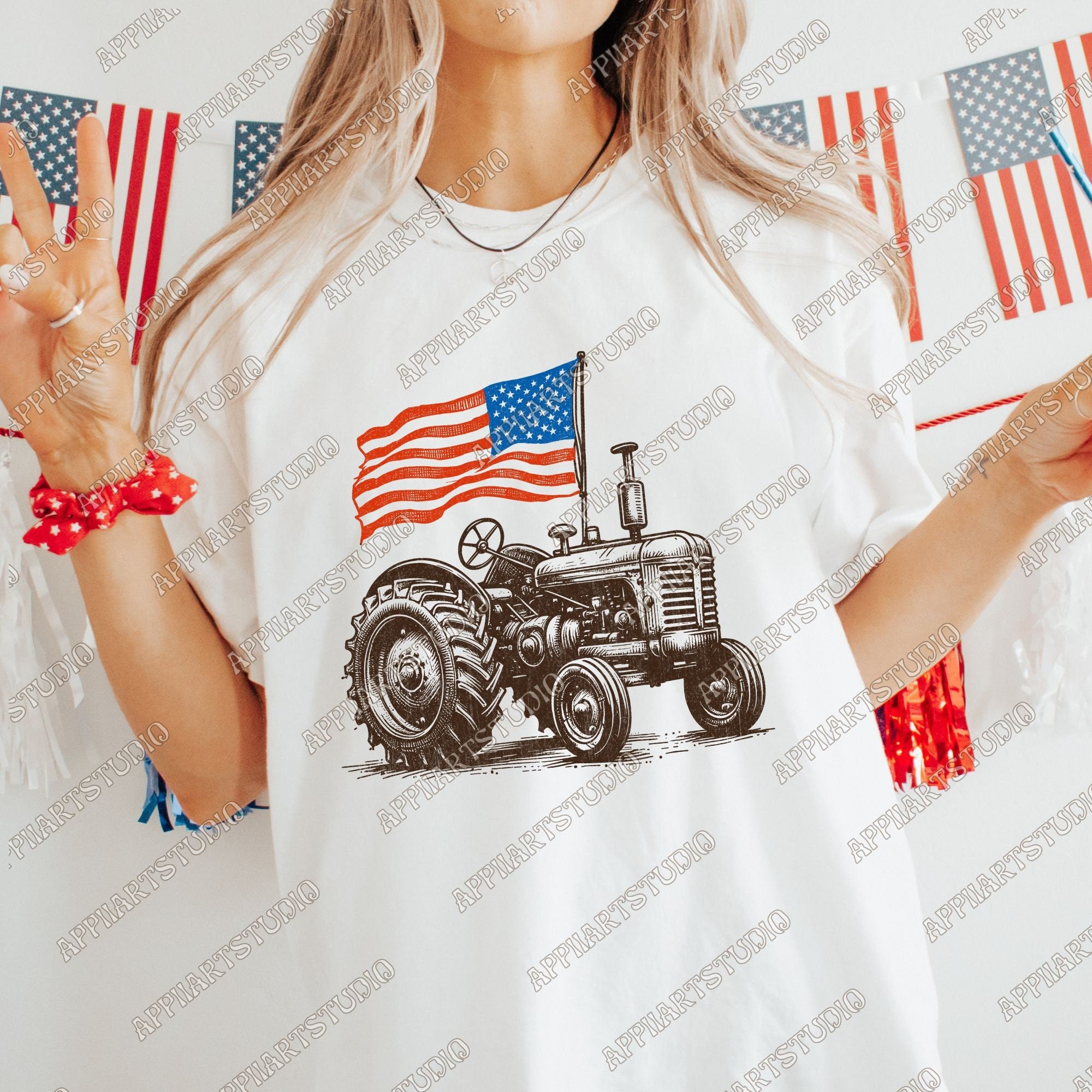 Vintage American Flag Tractor PNG - Patriotic Farm Life Graphic PNG for Memorial & Independence Day, Western Sublimations, Western png