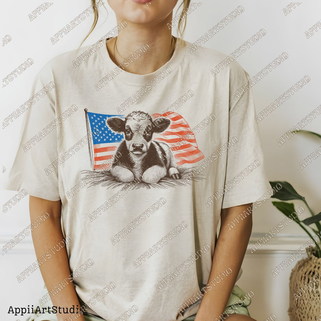Patriotic American Flag Calf T-Shirt Design, Cute Farm Animal Graphic PNG for Memorial & Independence Day, Western Sublimations, Western png