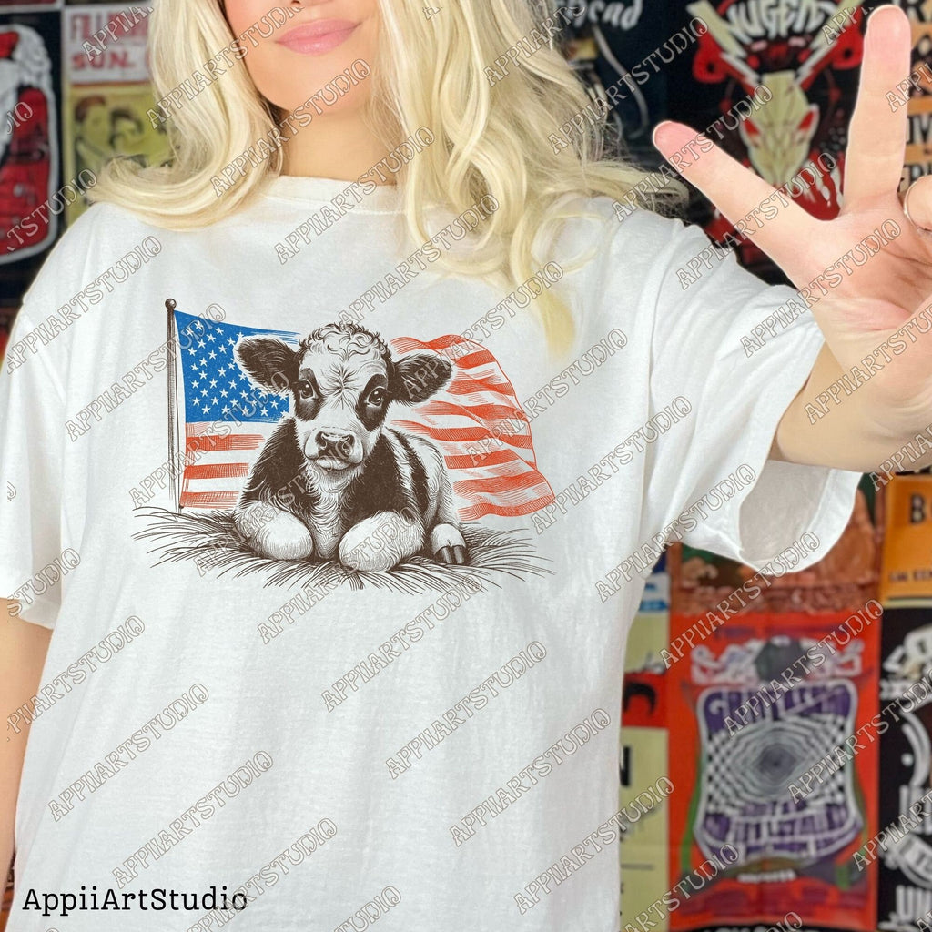 Patriotic American Flag Calf T-Shirt Design, Cute Farm Animal Graphic PNG for Memorial & Independence Day, Western Sublimations, Western png
