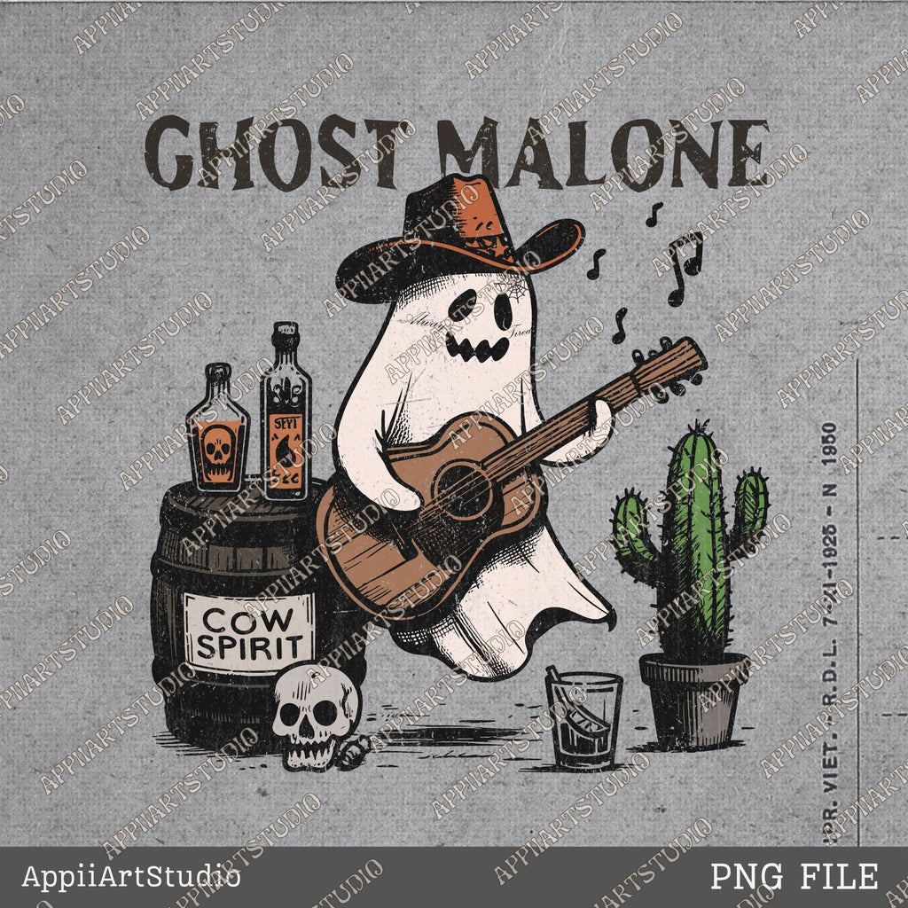 Cowboy Ghost Malone Funny Halloween Western Ghost PNG, Cowboy Skeleton Design, Halloween Music Spirit PNG Spooky Boho Western Halloween Png