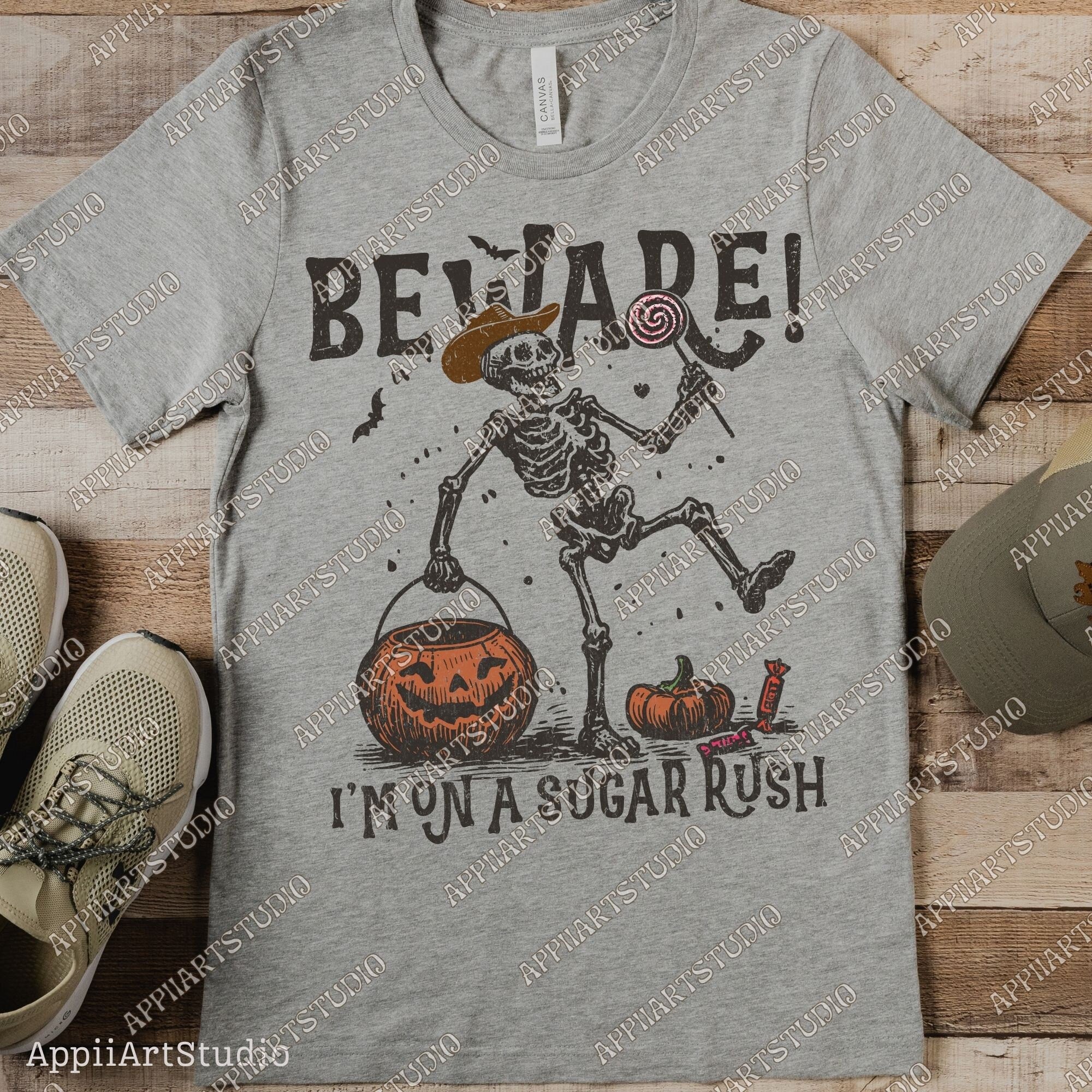 Beware I'm On a Sugar Rush Funny Halloween Skeleton Png Cowboy Trick-or-Treat Design, Halloween Candy Rush Western Ghost Cowboy Skeleton Png