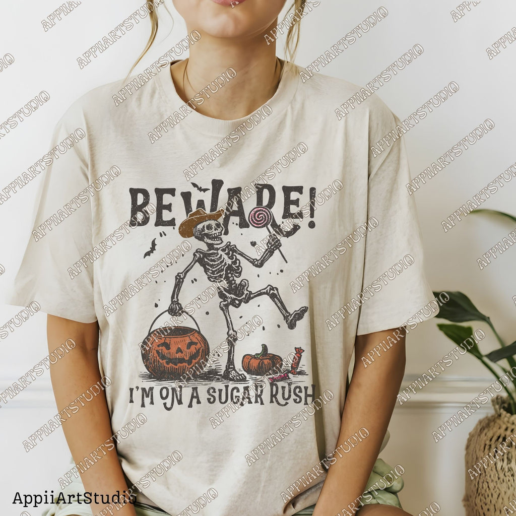 Beware I'm On a Sugar Rush Funny Halloween Skeleton Png Cowboy Trick-or-Treat Design, Halloween Candy Rush Western Ghost Cowboy Skeleton Png