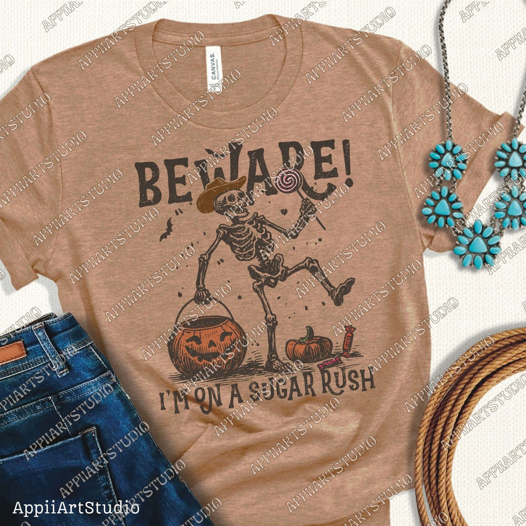 Beware I'm On a Sugar Rush Funny Halloween Skeleton Png Cowboy Trick-or-Treat Design, Halloween Candy Rush Western Ghost Cowboy Skeleton Png