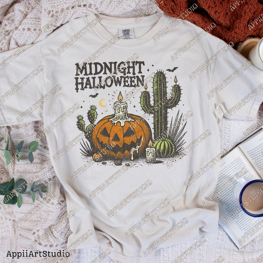 Midnight Halloween PNG, Halloween png, Halloween Shirt png, Retro Halloween png, Halloween Cactus Pumpkin png, Fall png, Sublimation designs