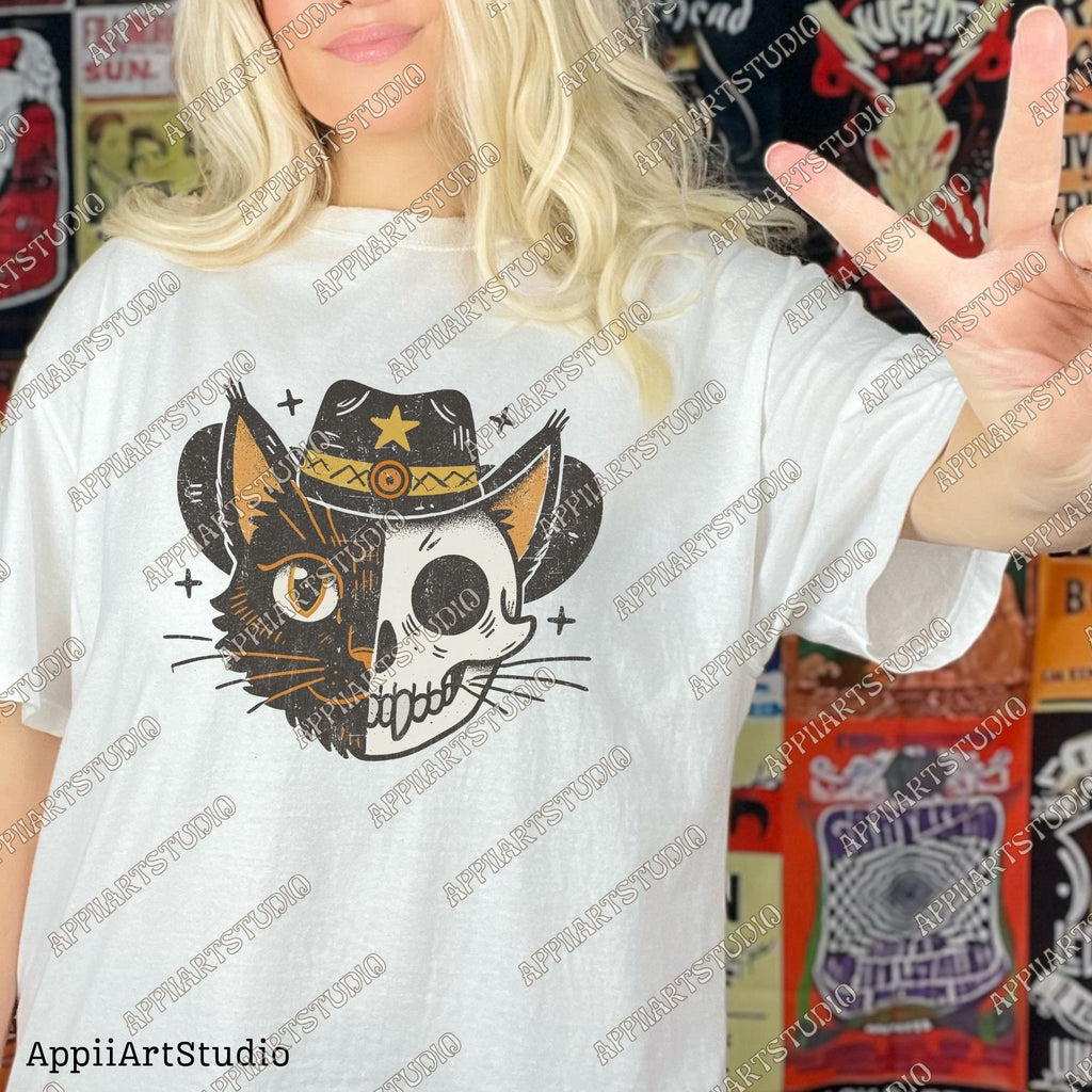 Black Cat Halloween Png, Ghost Cat Png, Halloween Png, Halloween Cat Shirt, Cowboy Cat Skull, Fall Png,Retro Halloween Png,Spooky Season Png