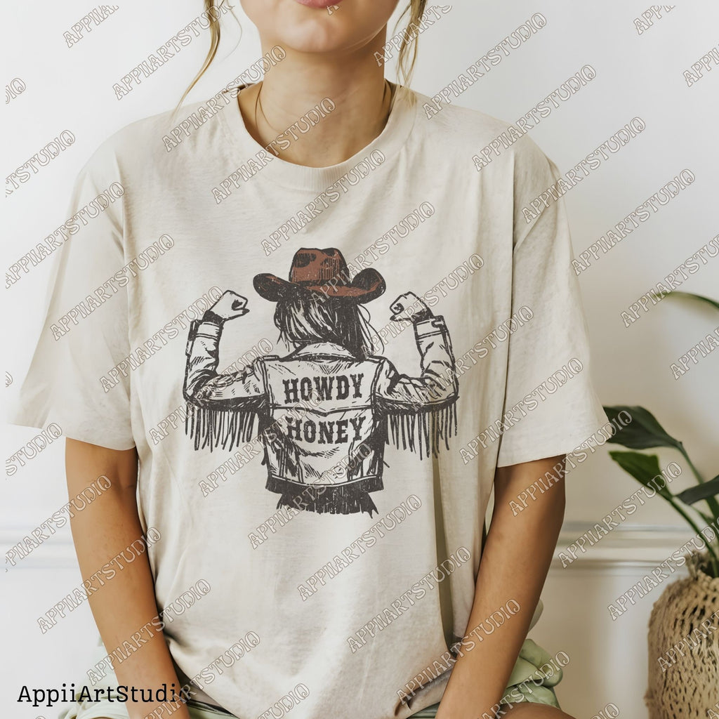 Western Cowgirl Howdy Honey Png, Rustic Cowgirl png, Vintage Fringe Jacket PNG, Western PNG, Vintage Style PNG, Southern Western Design Png
