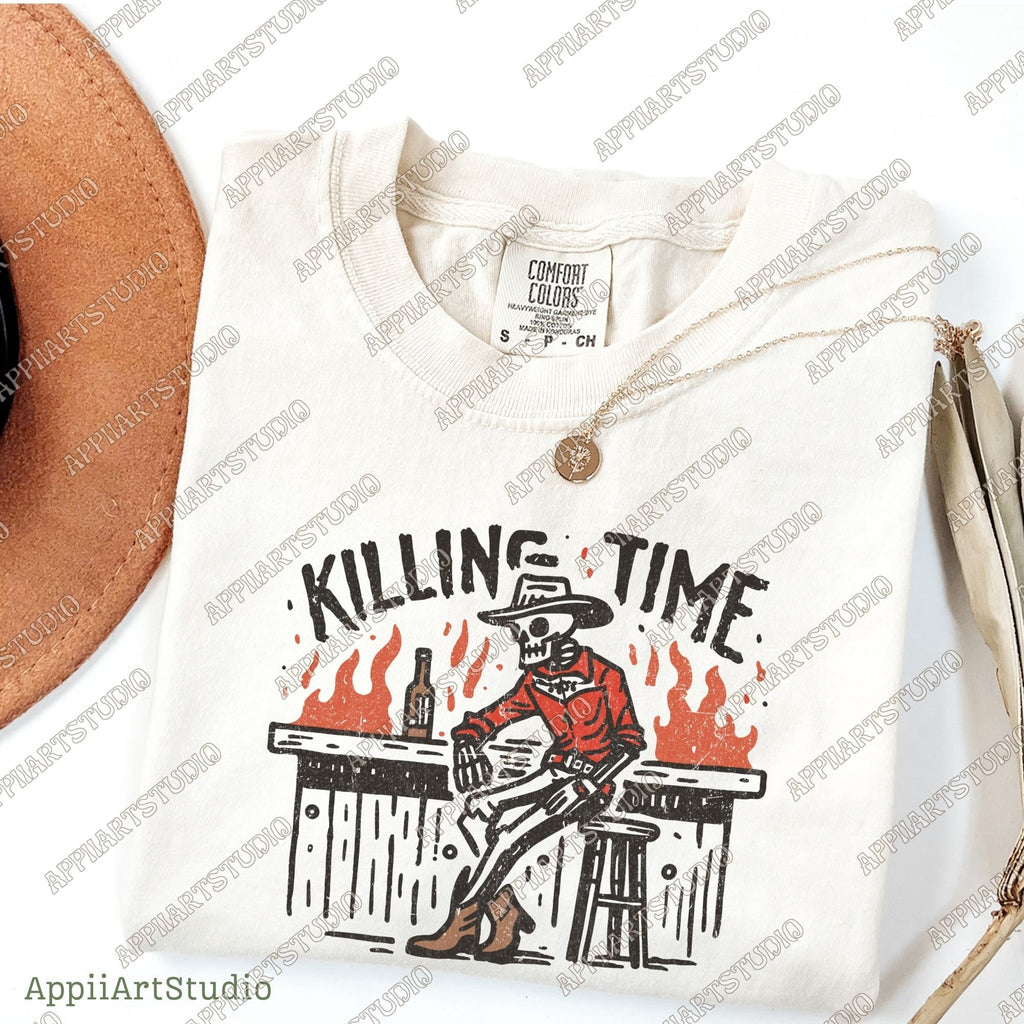Killing Time - Cowboy Skeleton at Bar Png, Western Cowboy Skull Design PNG, Western PNG, Vintage Style PNG,Western Design,Desert Western Png