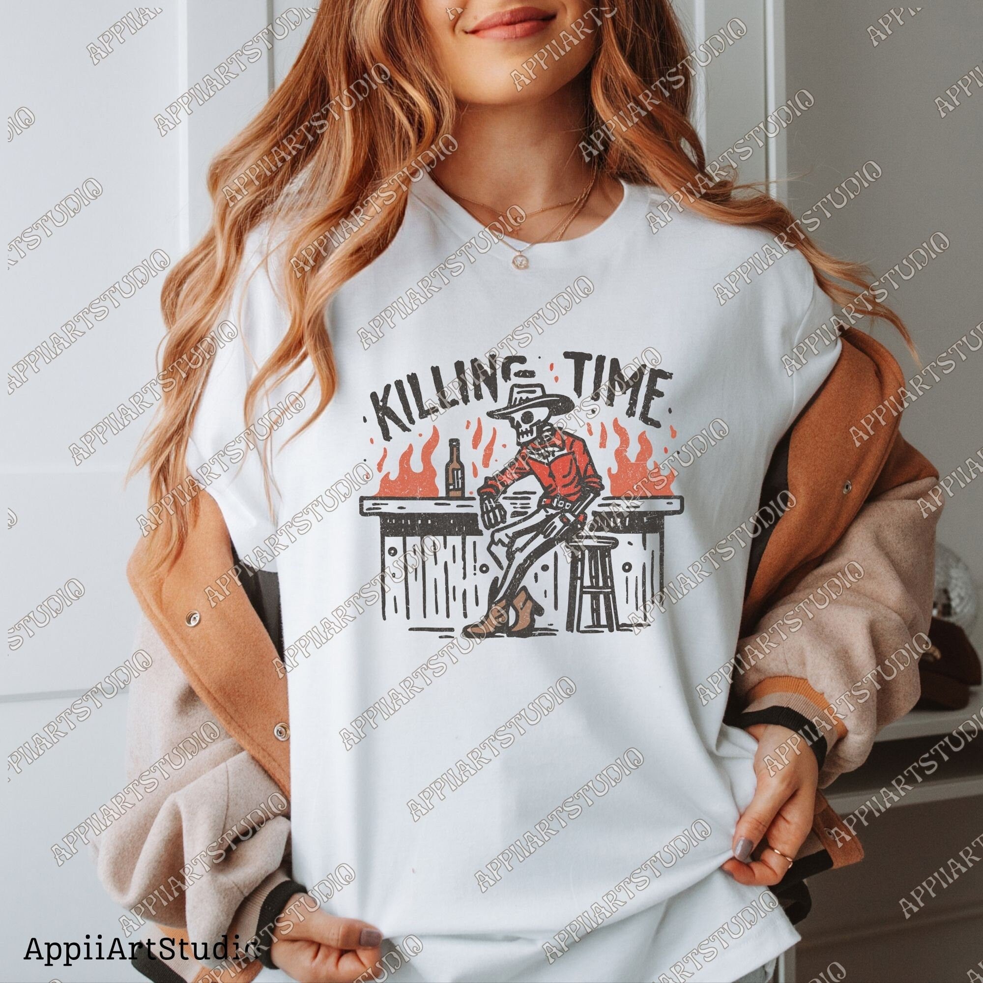 Killing Time - Cowboy Skeleton at Bar Png, Western Cowboy Skull Design PNG, Western PNG, Vintage Style PNG,Western Design,Desert Western Png
