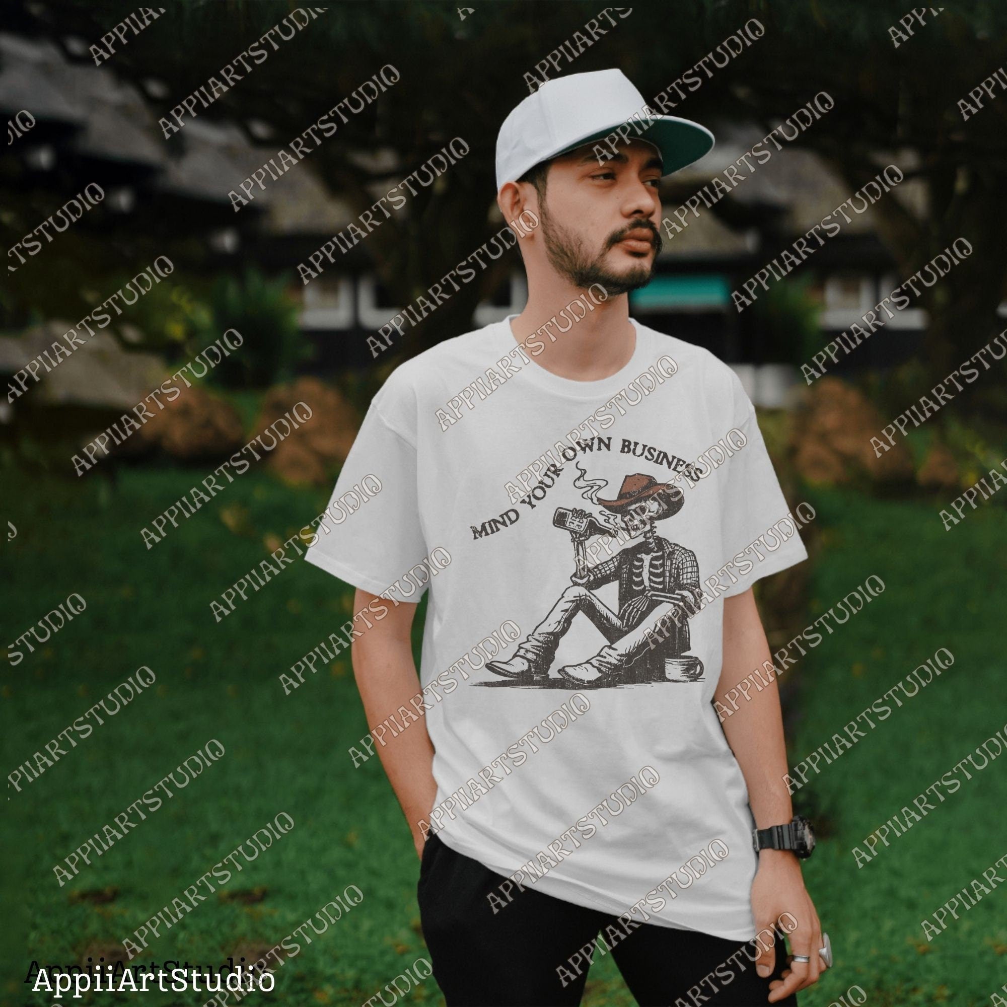 Mind Your Own Business - Cowboy Skeleton, Western Cowboy Skull Design PNG, Western PNG, Vintage Style PNG, Western Design,Desert Western Png