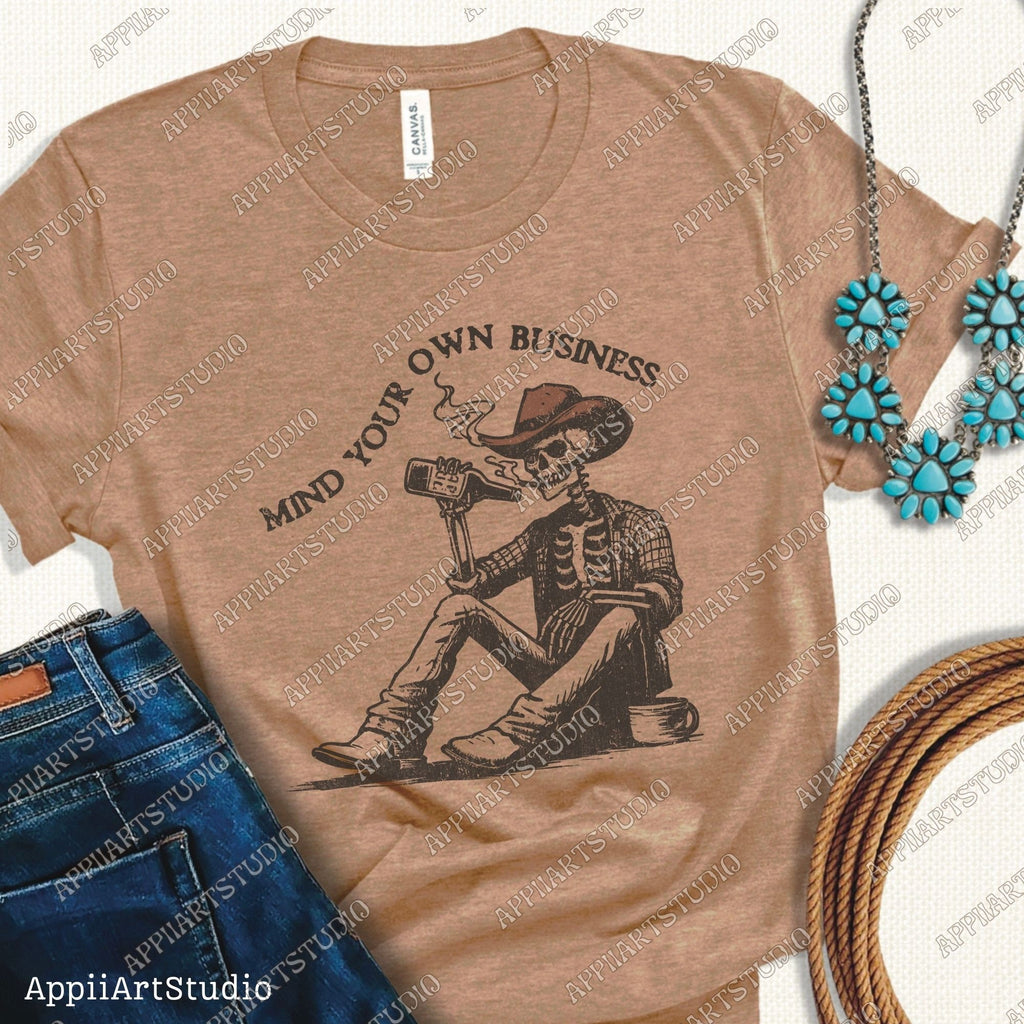Mind Your Own Business - Cowboy Skeleton, Western Cowboy Skull Design PNG, Western PNG, Vintage Style PNG, Western Design,Desert Western Png