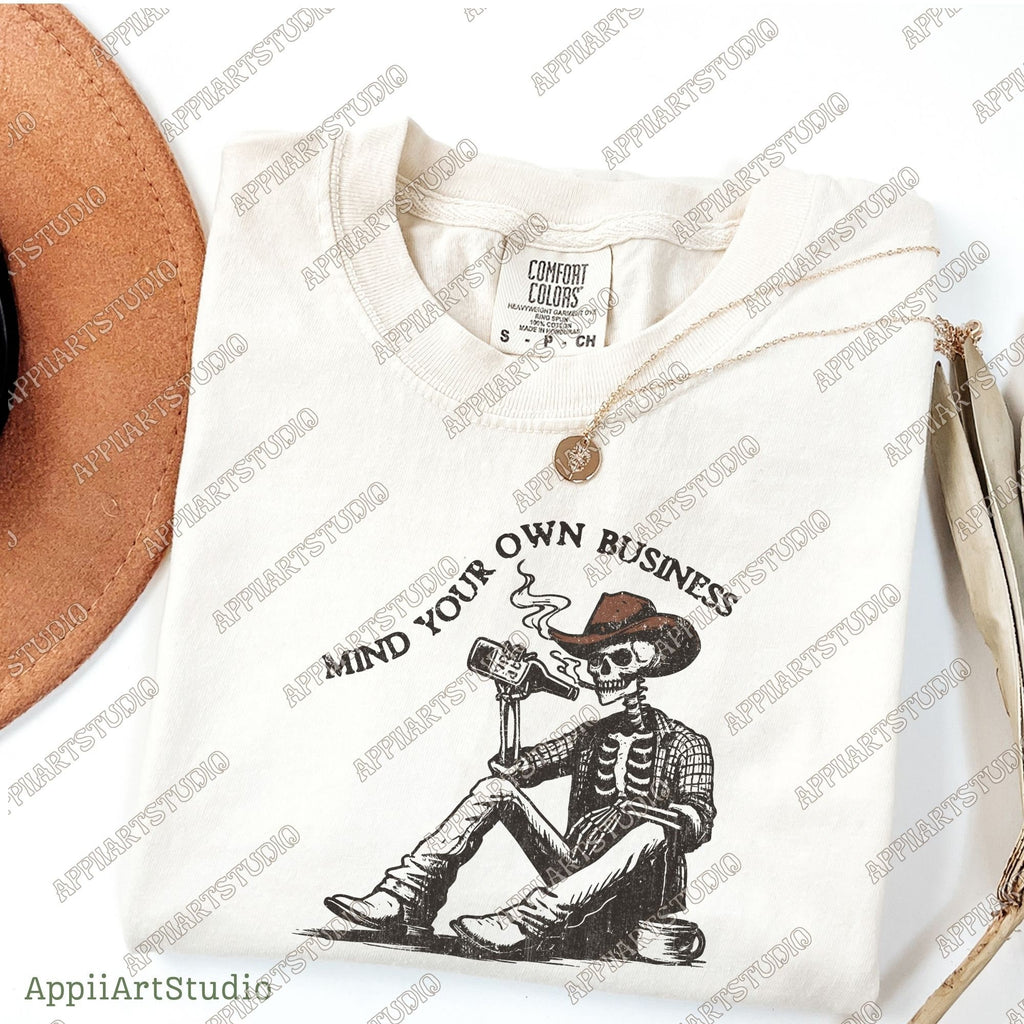 Mind Your Own Business - Cowboy Skeleton, Western Cowboy Skull Design PNG, Western PNG, Vintage Style PNG, Western Design,Desert Western Png