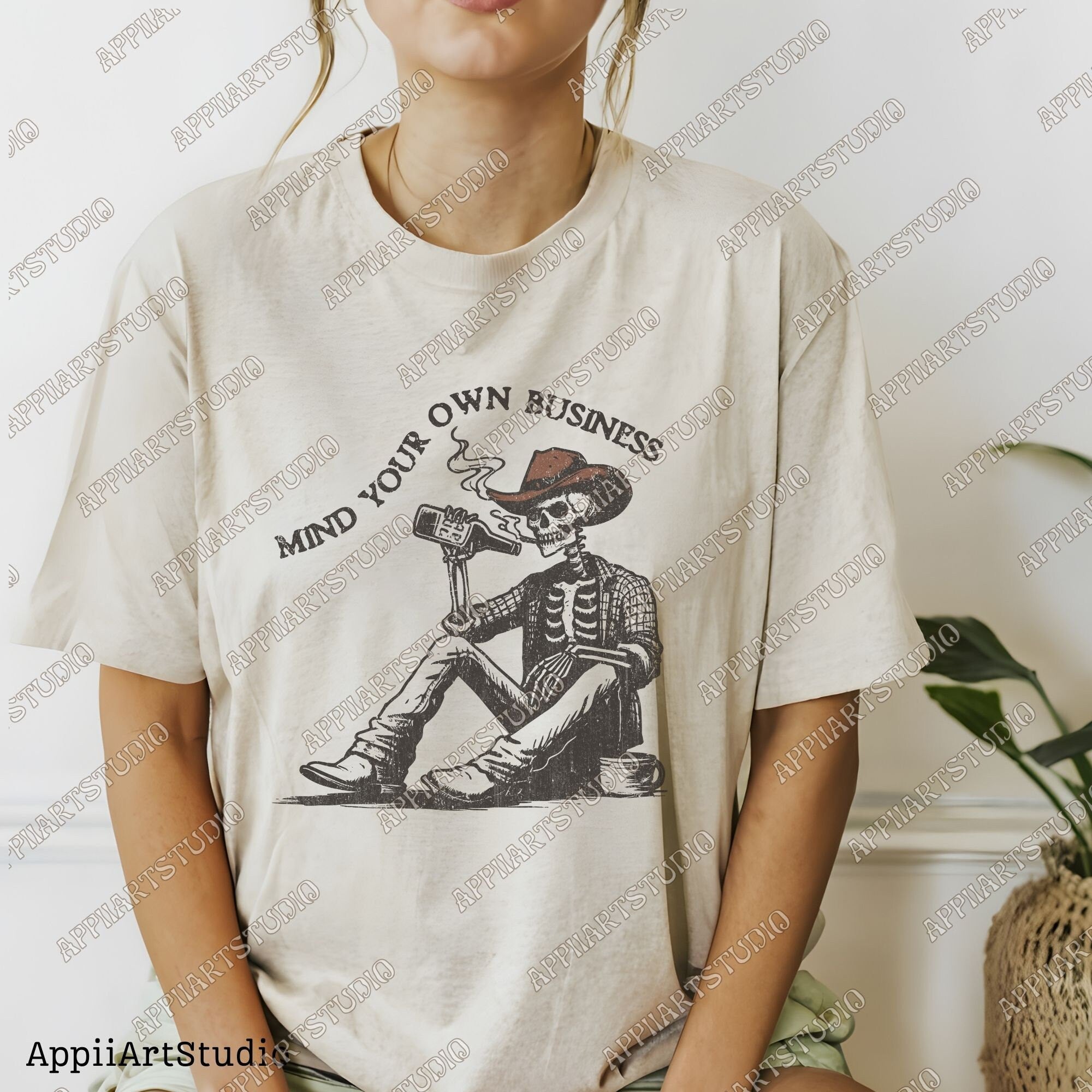 Mind Your Own Business - Cowboy Skeleton, Western Cowboy Skull Design PNG, Western PNG, Vintage Style PNG, Western Design,Desert Western Png