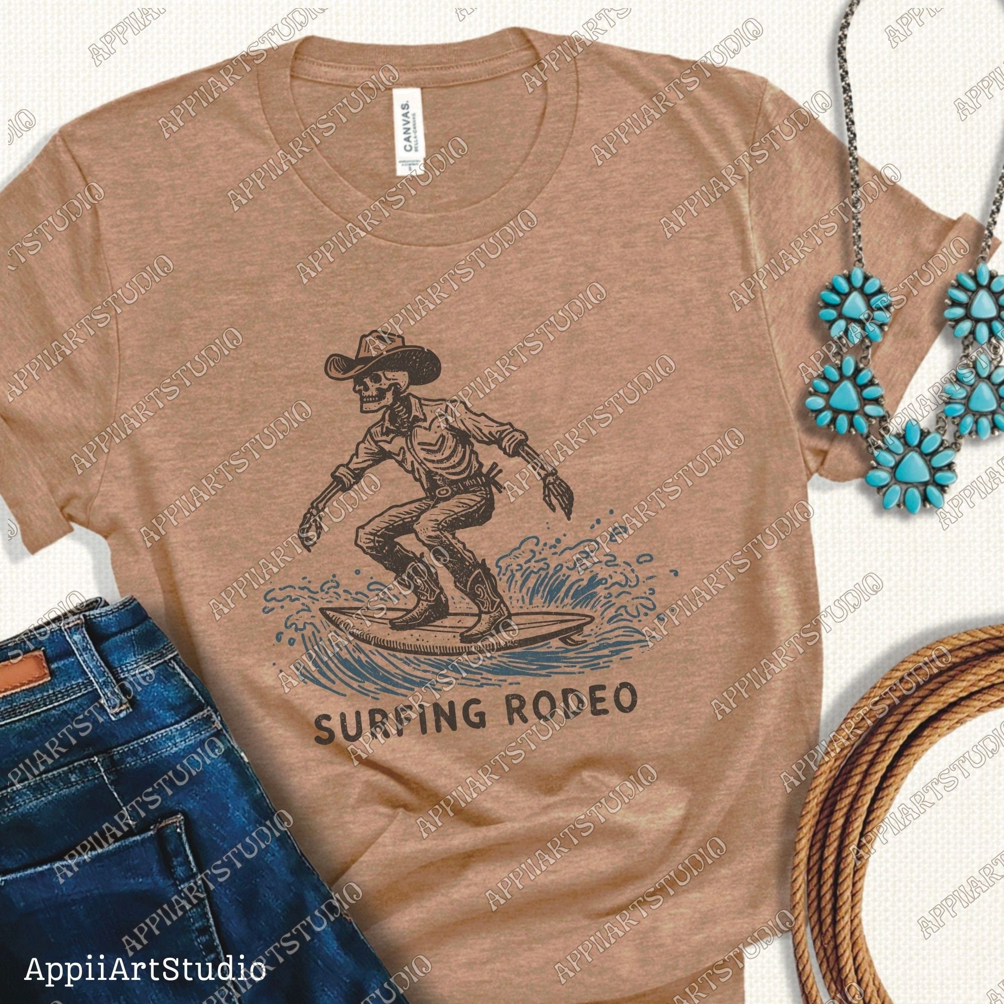 Surfing Rodeopng, Cowboy Skeleton on Surfboard Png, Western Cowboy Skull Design PNG, Western PNG, Vintage Style PNG, Summer Western Png