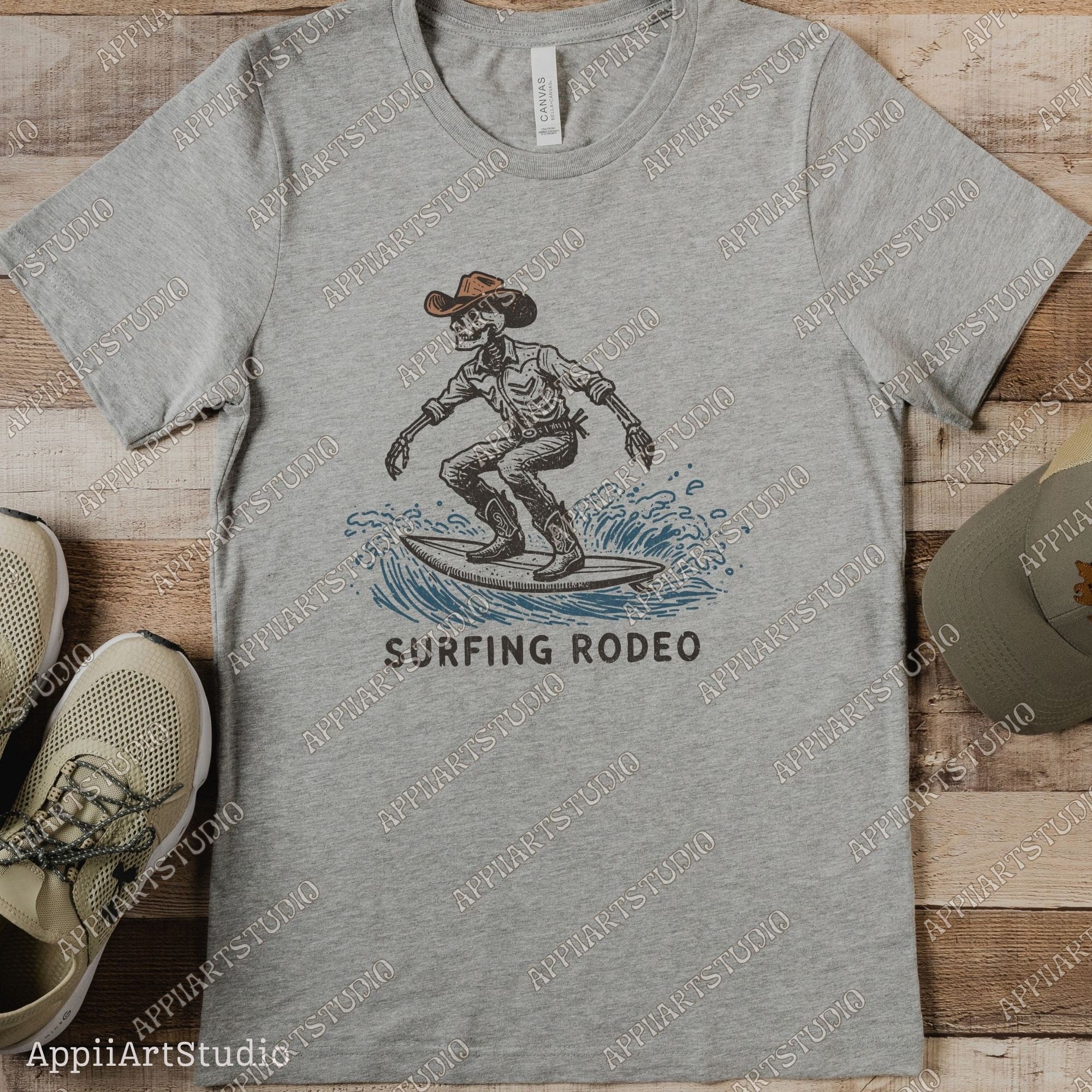 Surfing Rodeopng, Cowboy Skeleton on Surfboard Png, Western Cowboy Skull Design PNG, Western PNG, Vintage Style PNG, Summer Western Png