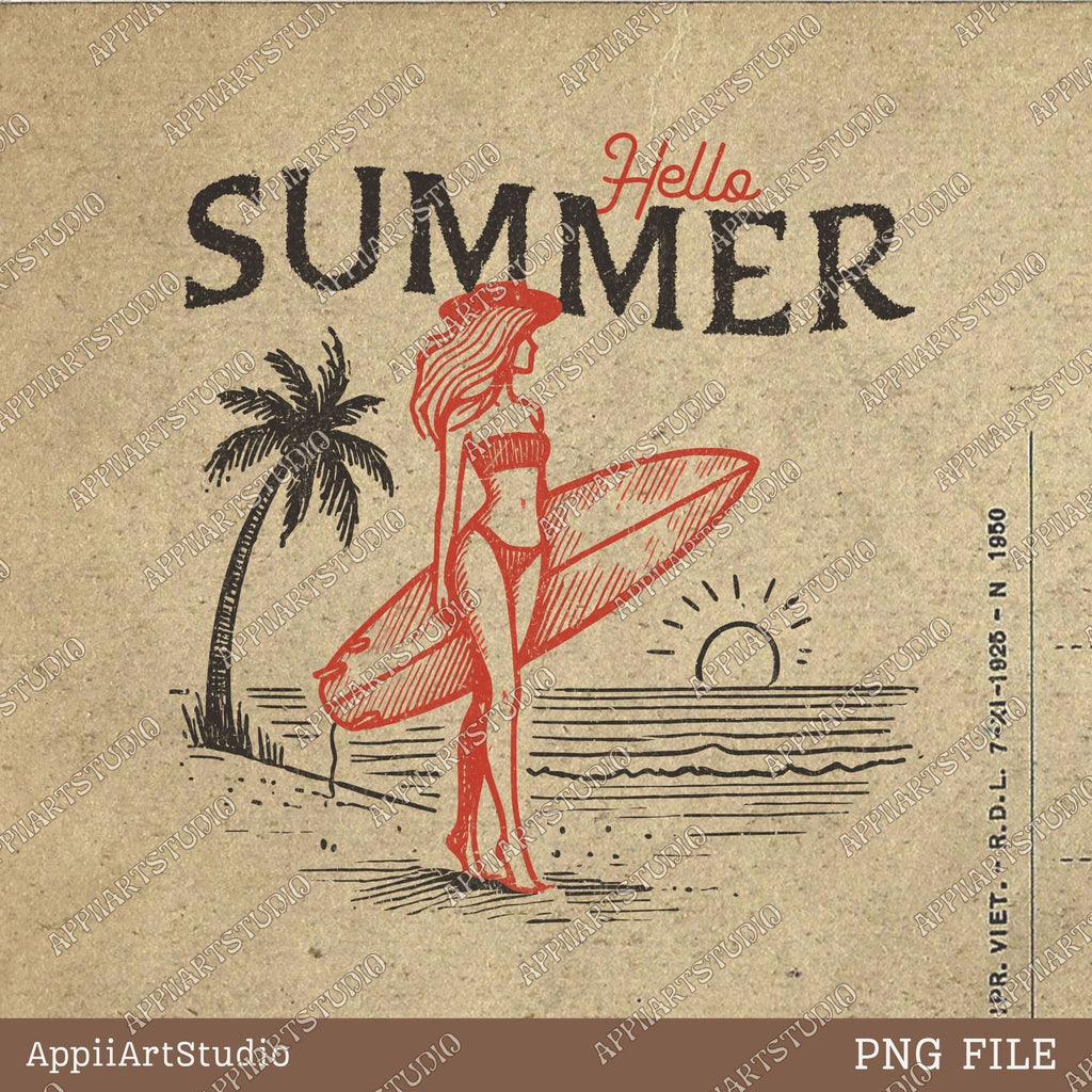 Hello Summer Surfer Girl PNG - Beach Sunset Surfing Art - Good Vibes Only - Summer Beach - summertime western png - Digital Download