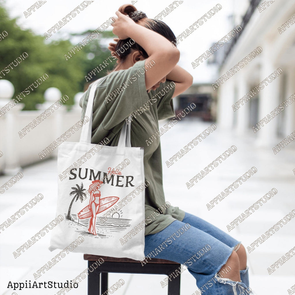 Hello Summer Surfer Girl PNG - Beach Sunset Surfing Art - Good Vibes Only - Summer Beach - summertime western png - Digital Download