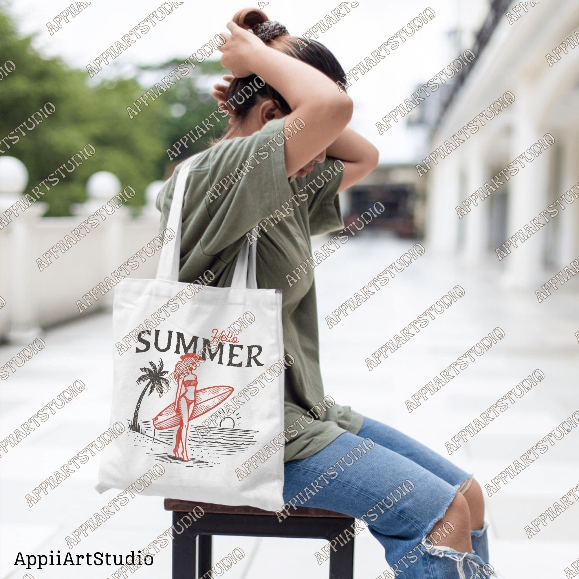 Hello Summer Surfer Girl PNG - Beach Sunset Surfing Art - Good Vibes Only - Summer Beach - summertime western png - Digital Download