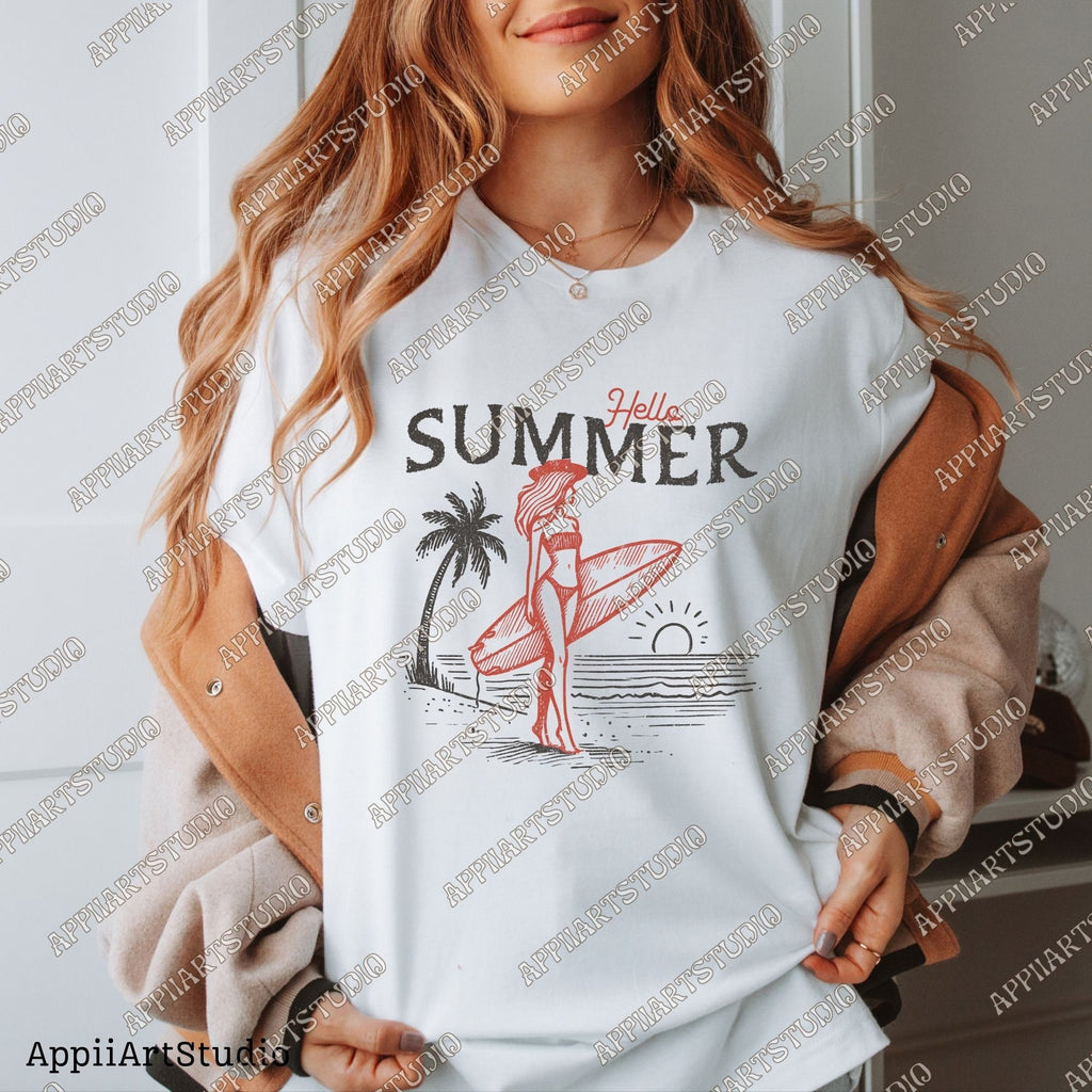 Hello Summer Surfer Girl PNG - Beach Sunset Surfing Art - Good Vibes Only - Summer Beach - summertime western png - Digital Download