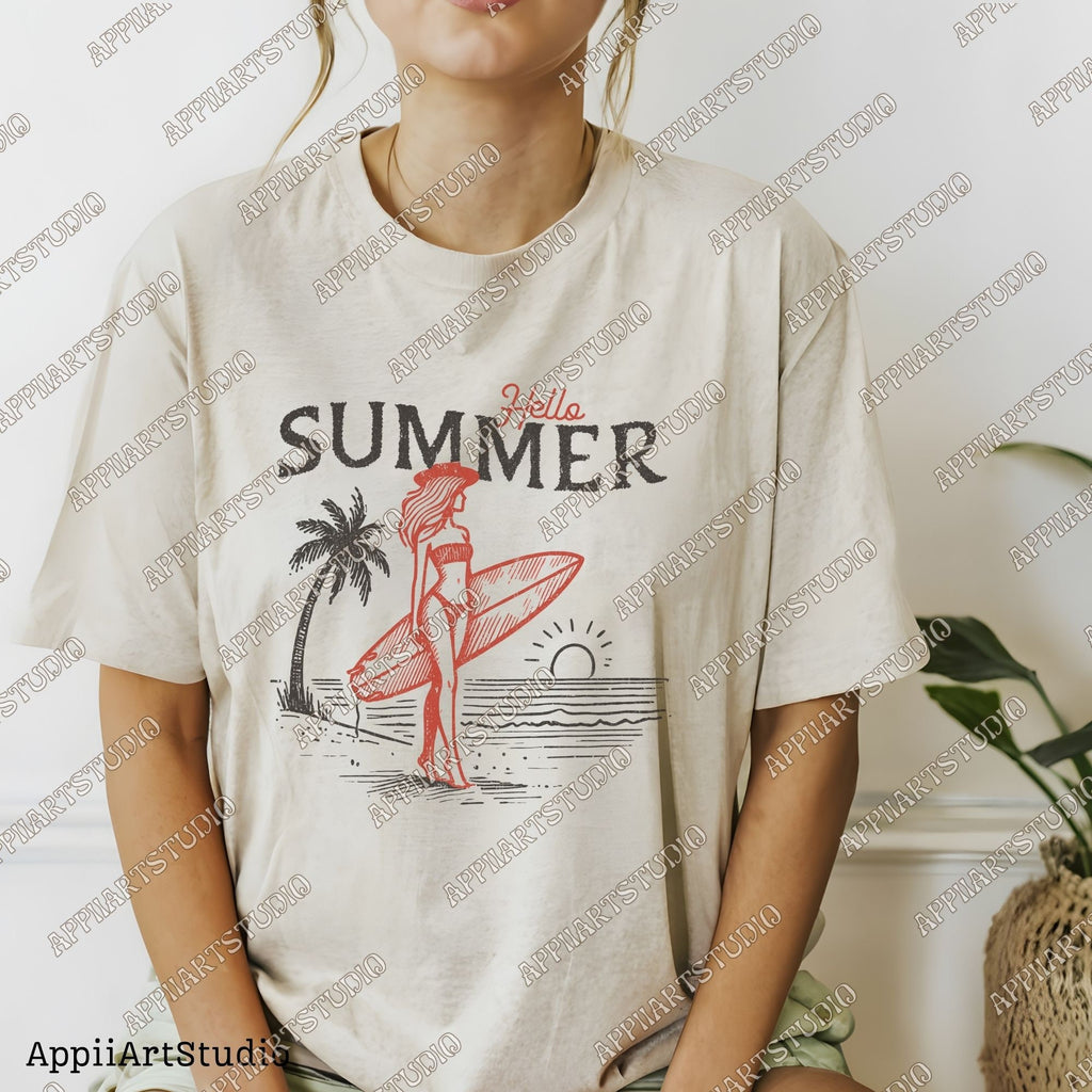 Hello Summer Surfer Girl PNG - Beach Sunset Surfing Art - Good Vibes Only - Summer Beach - summertime western png - Digital Download