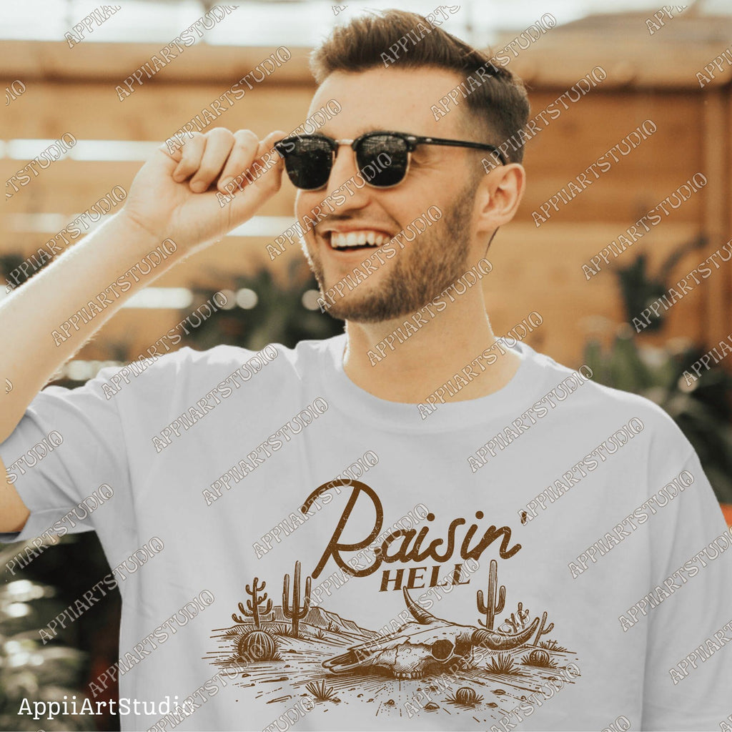 Raisin' Hell Funny & Humorous Southern Phrase and Saying Country Cowboy Retro Vintage T-Shirt Graphic Transparent PNG Digital Download