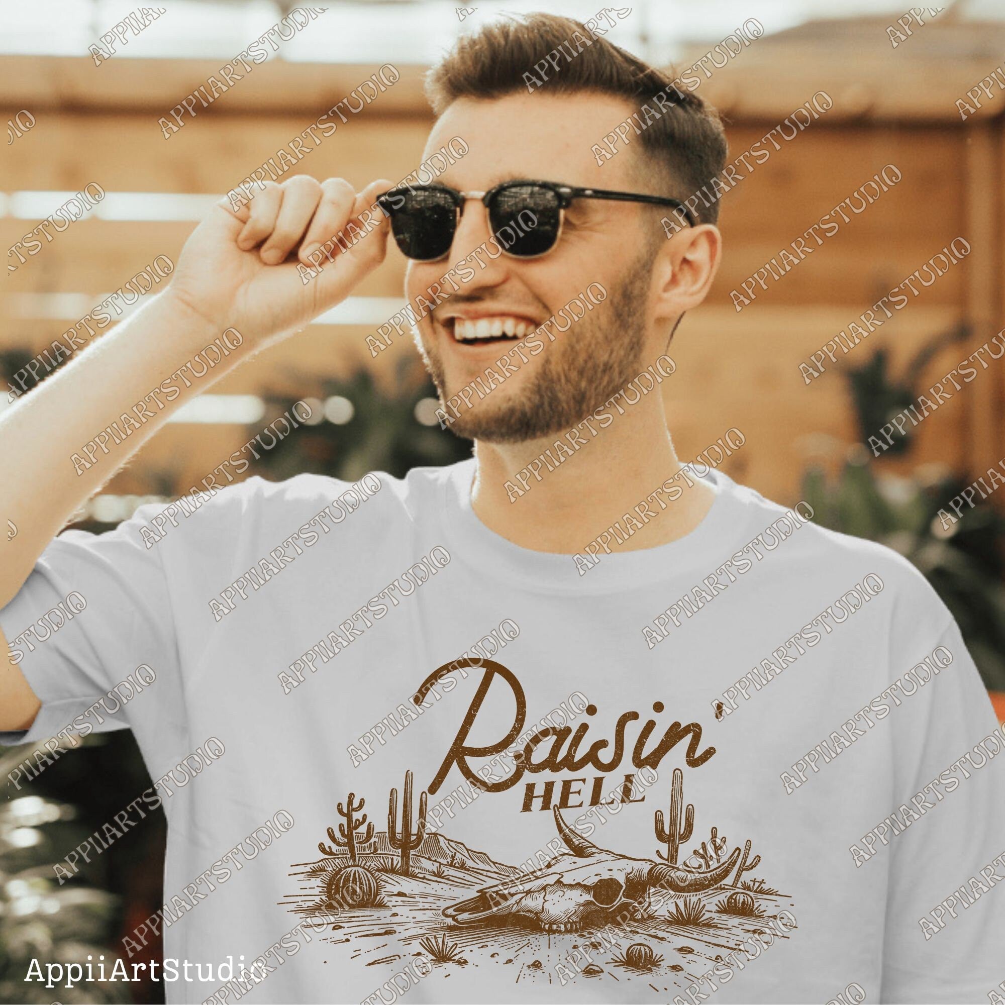 Raisin' Hell Funny & Humorous Southern Phrase and Saying Country Cowboy Retro Vintage T-Shirt Graphic Transparent PNG Digital Download