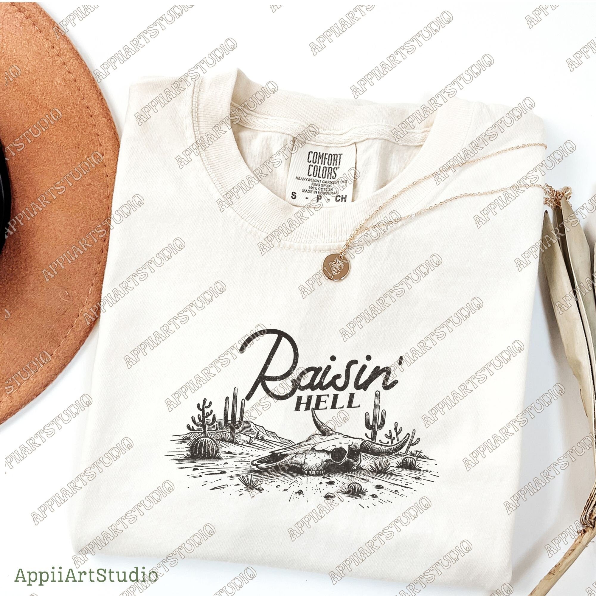 Raisin' Hell Funny & Humorous Southern Phrase and Saying Country Cowboy Retro Vintage T-Shirt Graphic Transparent PNG Digital Download
