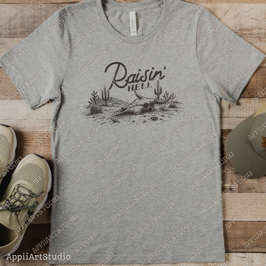 Raisin' Hell Funny & Humorous Southern Phrase and Saying Country Cowboy Retro Vintage T-Shirt Graphic Transparent PNG Digital Download