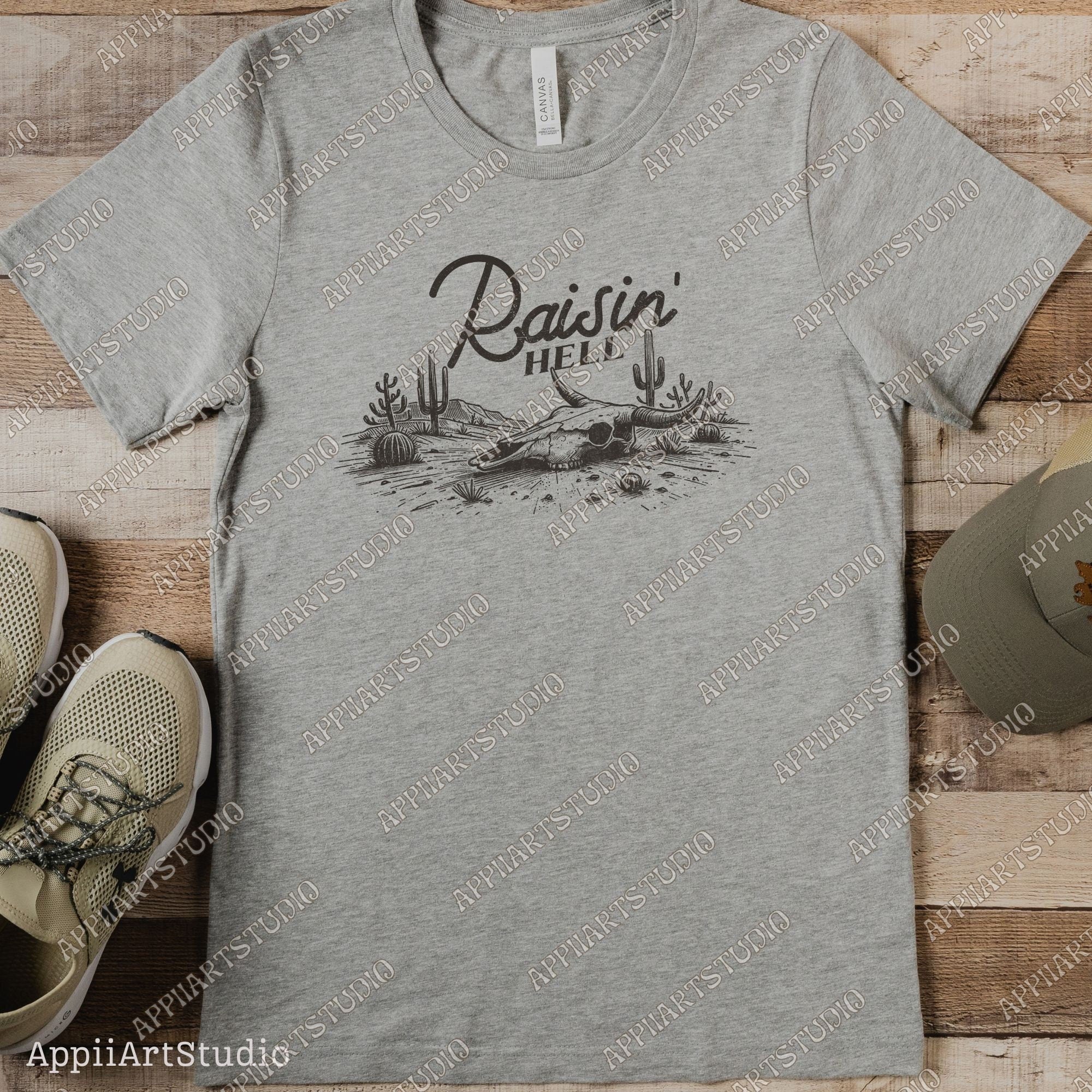 Raisin' Hell Funny & Humorous Southern Phrase and Saying Country Cowboy Retro Vintage T-Shirt Graphic Transparent PNG Digital Download