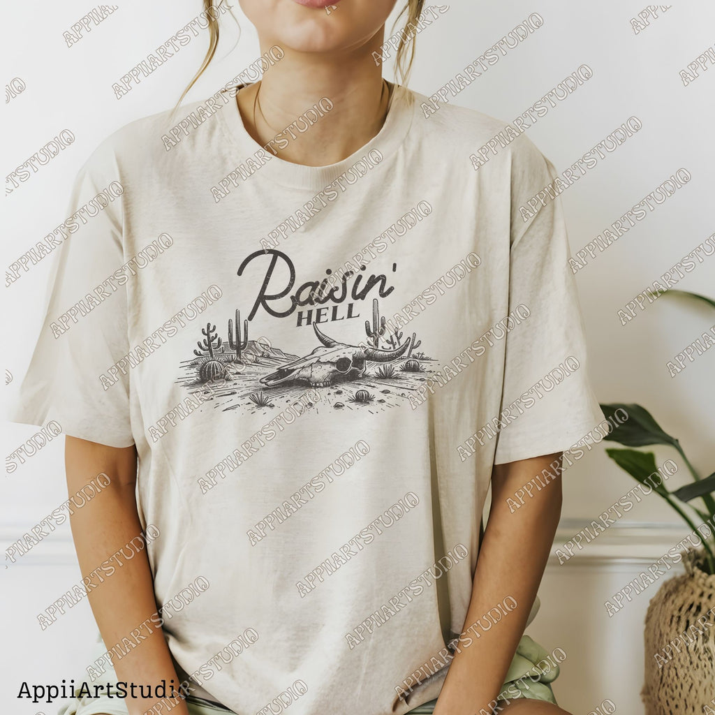 Raisin' Hell Funny & Humorous Southern Phrase and Saying Country Cowboy Retro Vintage T-Shirt Graphic Transparent PNG Digital Download
