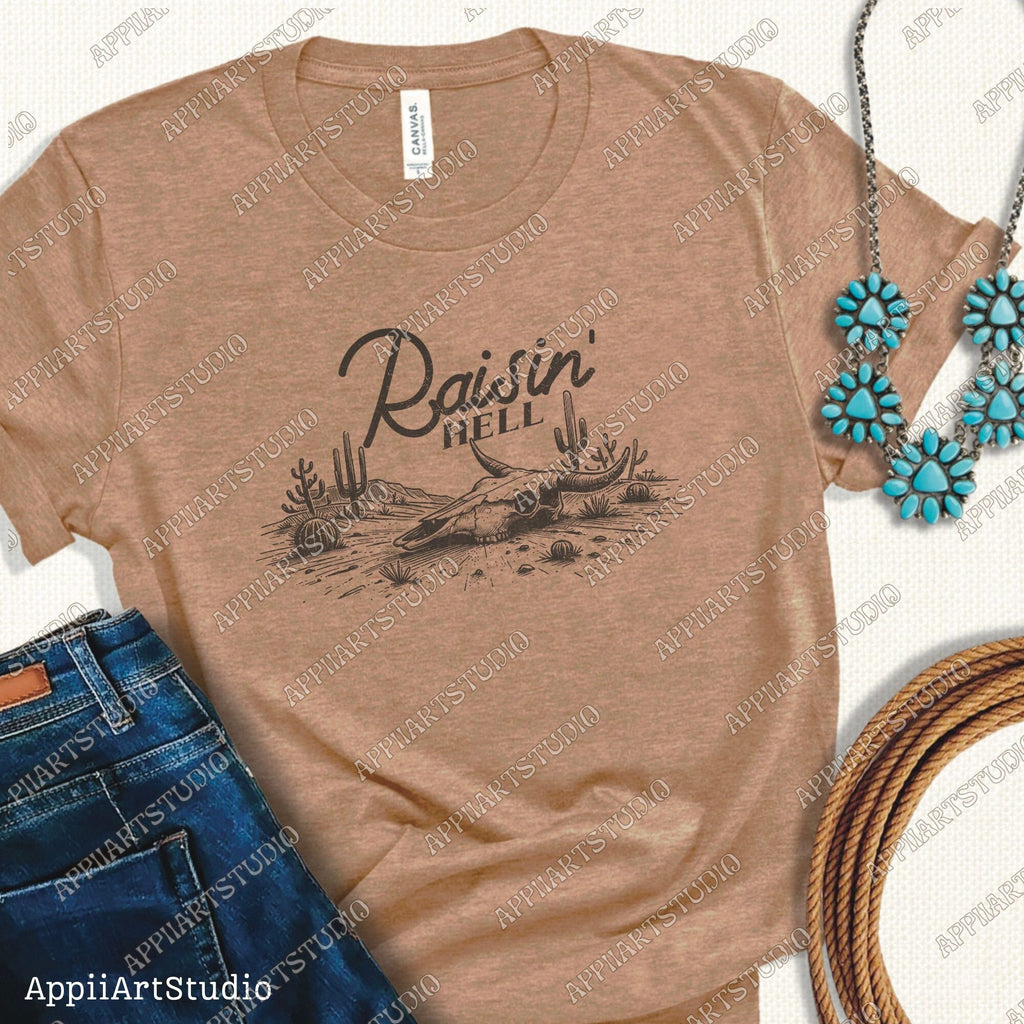 Raisin' Hell Funny & Humorous Southern Phrase and Saying Country Cowboy Retro Vintage T-Shirt Graphic Transparent PNG Digital Download