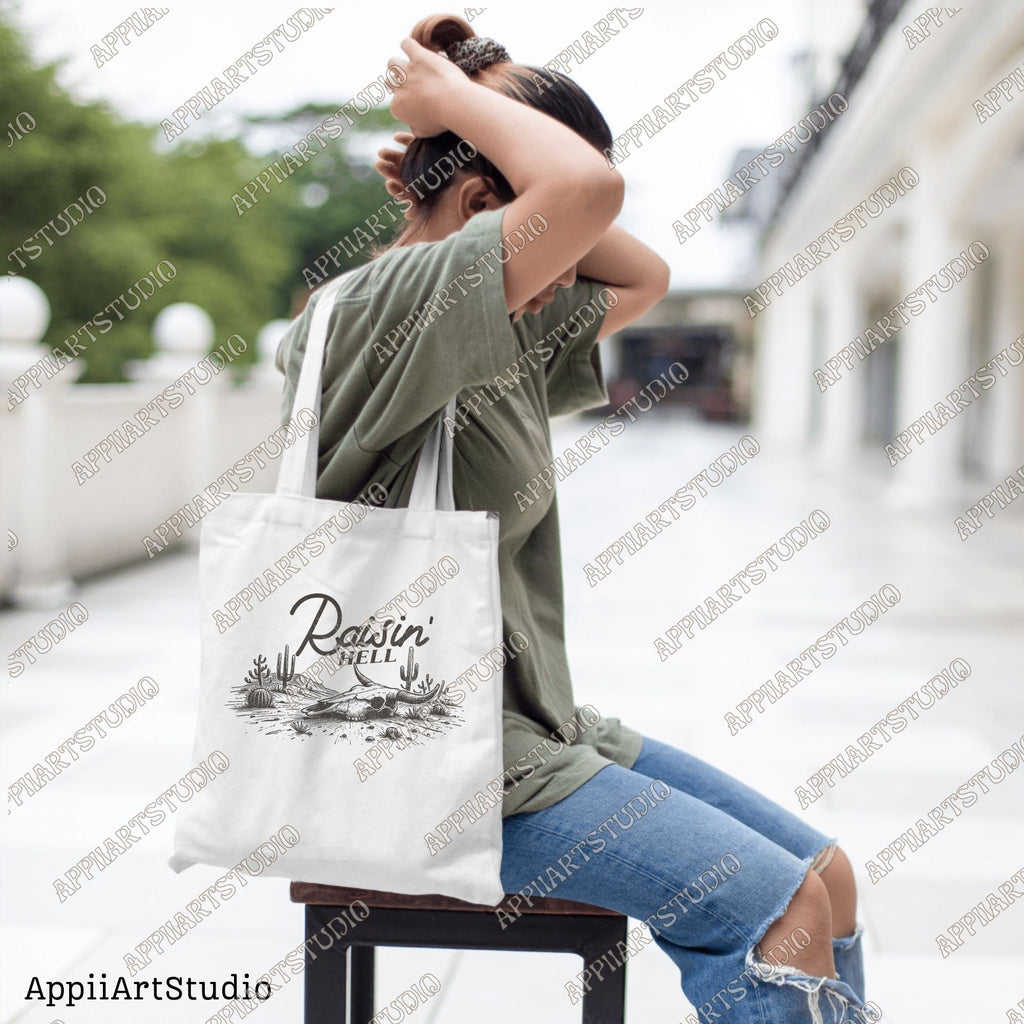 Raisin' Hell Funny & Humorous Southern Phrase and Saying Country Cowboy Retro Vintage T-Shirt Graphic Transparent PNG Digital Download