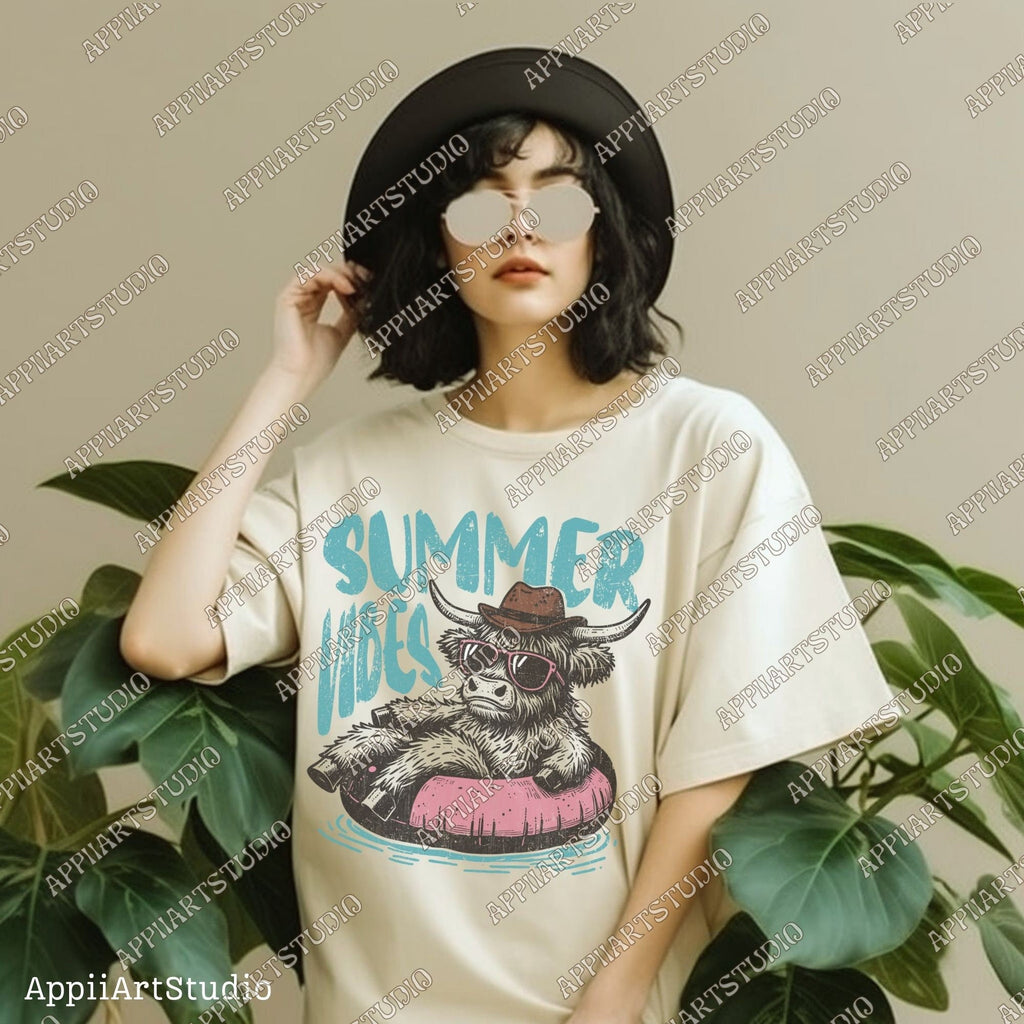 Summer vibes Png, Highland cowboy design Png, Retro summer shirt design, Funny beach shirt print, Summer sublimation design, Beach graphic