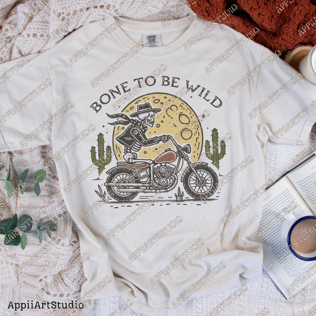 Born to Be Wild Skeleton Halloween Motorcycle Biker Western Cowboy Skull Design PNG Vintage Style PNG Digital Download Sublimation Design