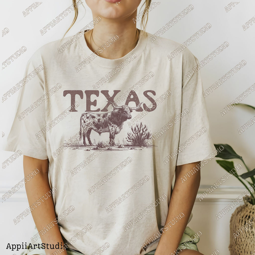 Texas Longhorn T-Shirt Design, Rustic Western PNG, Western Shirt Design PNG, Western PNG,Vintage Style Png,Western Design,Desert Western Png